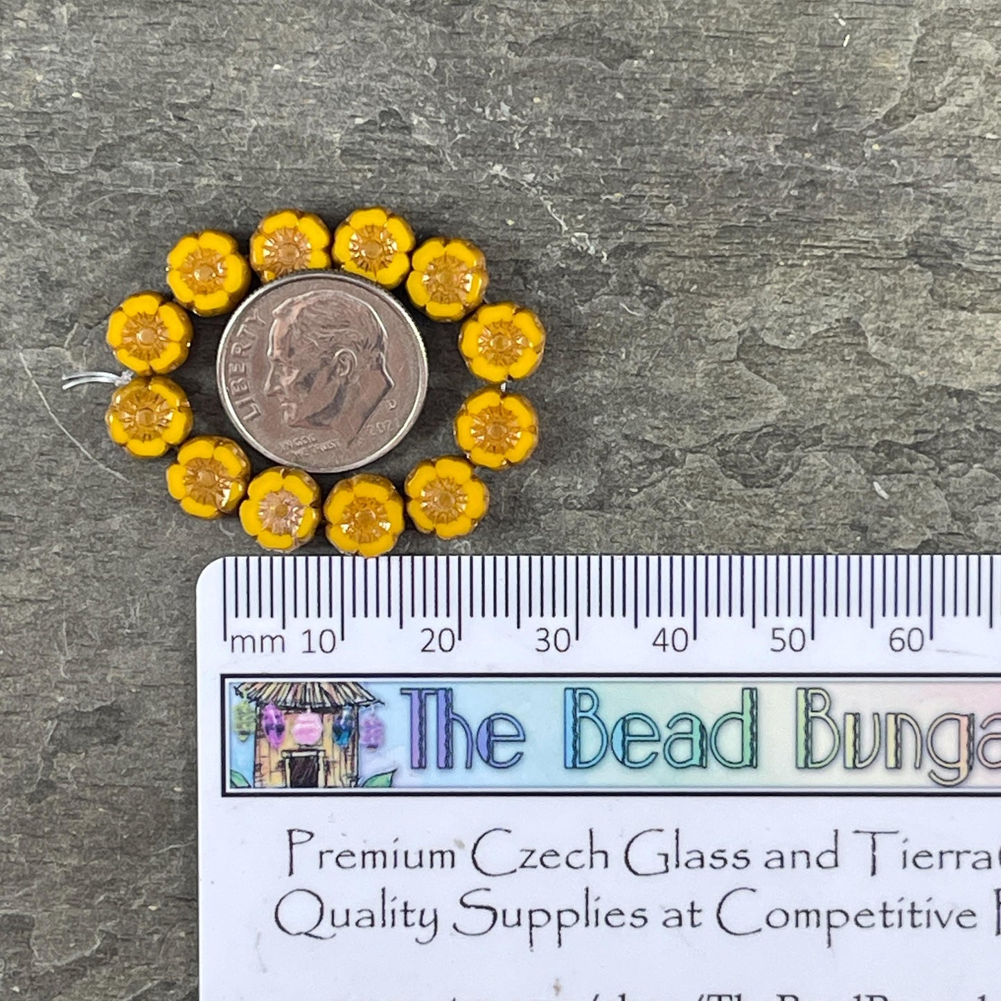 Czech Beads - 7mm Hibiscus Flower, Marigold Yellow with Bronze Picasso (FL7/RJ-1263) * Qty. 12