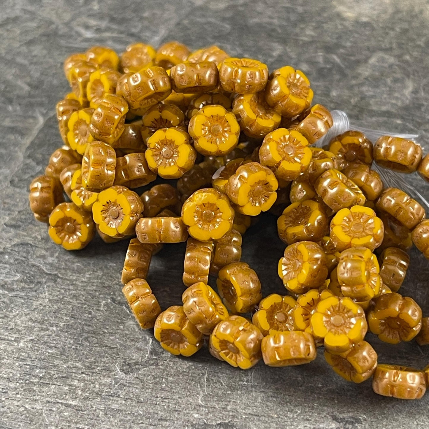 Czech Beads - 7mm Hibiscus Flower, Marigold Yellow with Bronze Picasso (FL7/RJ-1263) * Qty. 12