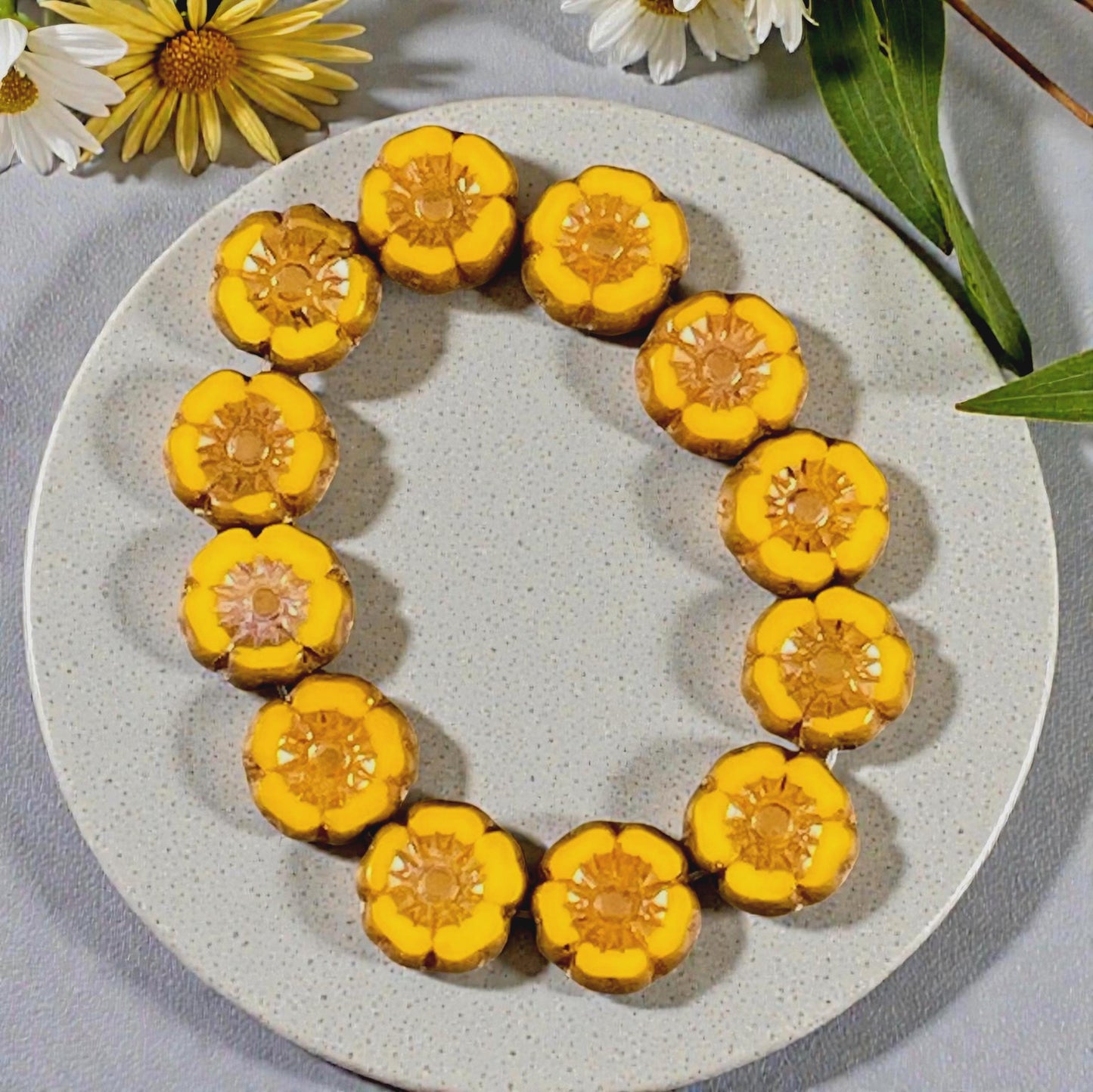 Czech Beads - 7mm Hibiscus Flower, Marigold Yellow with Bronze Picasso (FL7/RJ-1263) * Qty. 12