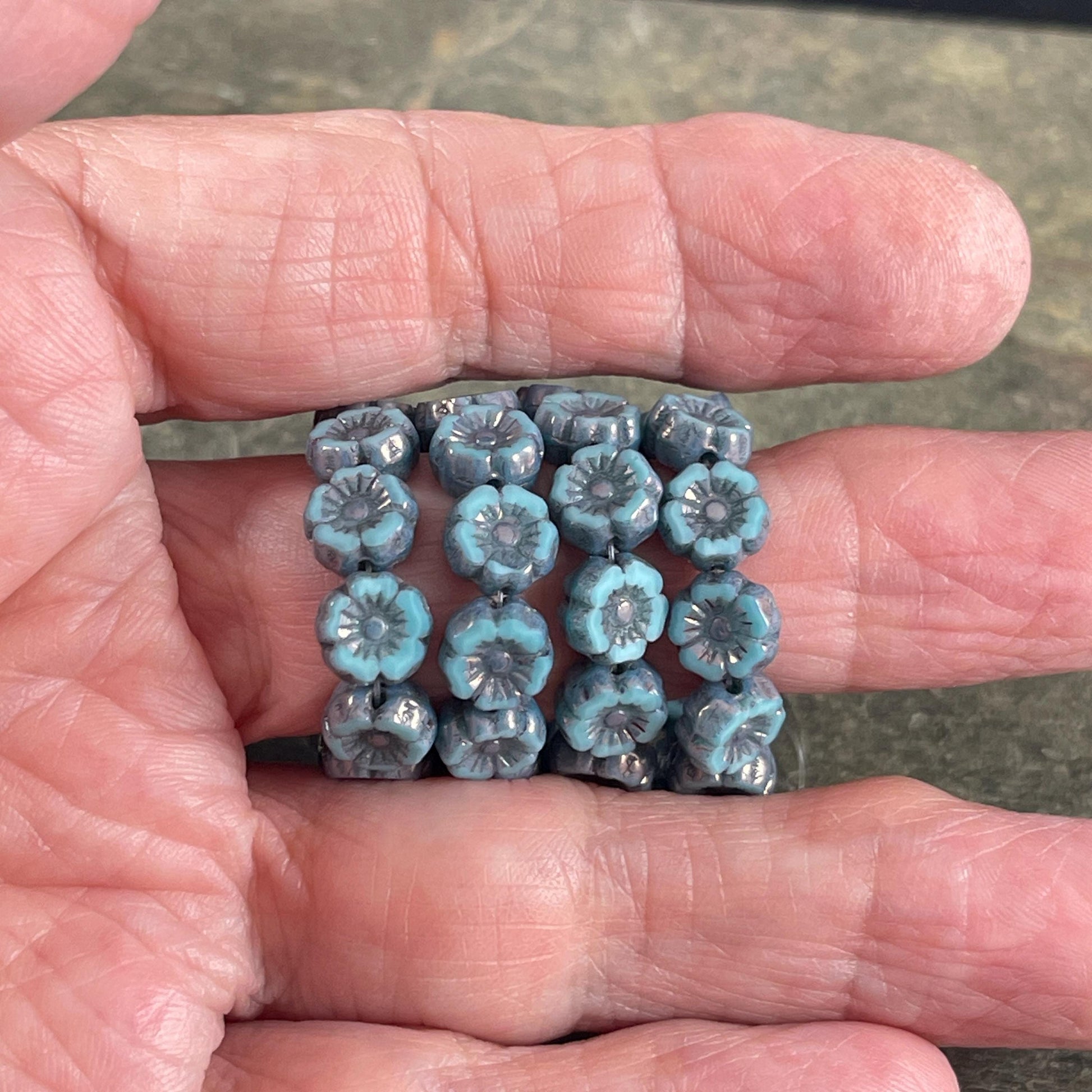 Czech Beads - 7mm Hibiscus Flower, Turquoise Silk with Metallic Picasso (FL7/RJ-1268) * Qty. 12