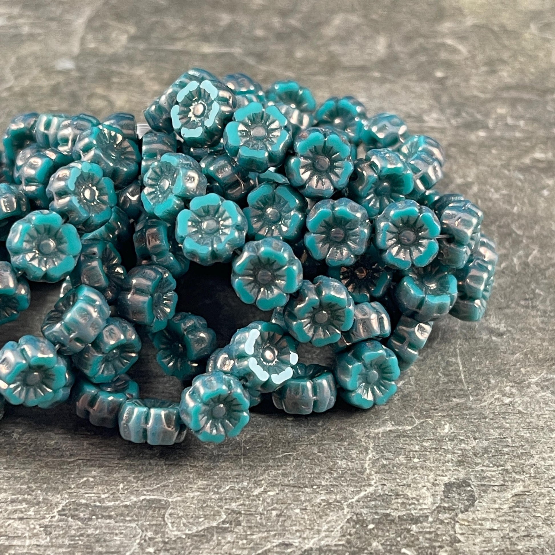 Czech Beads - 7mm Hibiscus Flower, Teal with Metallic Picasso (FL7/RJ-1265) * Qty. 12
