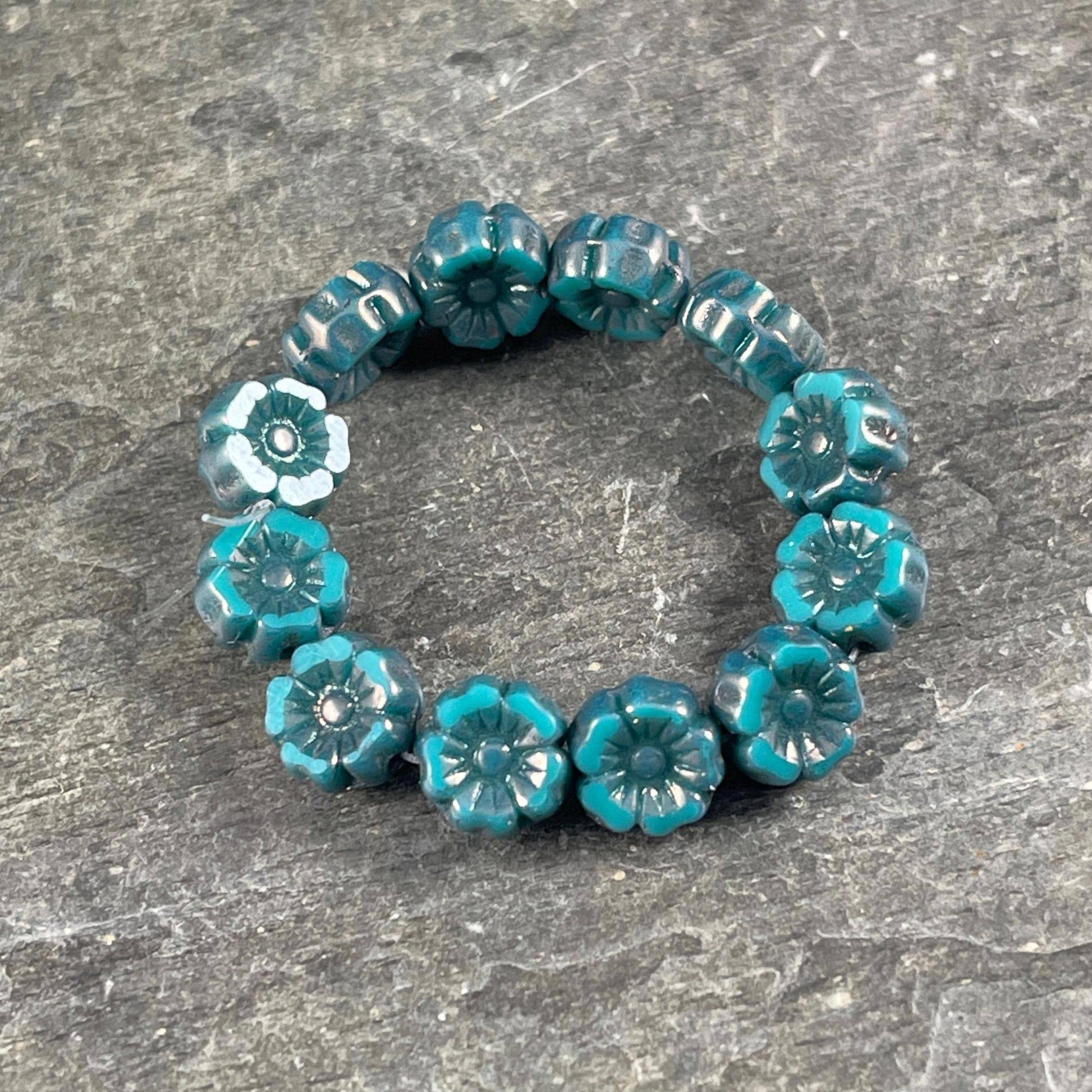 Czech Beads - 7mm Hibiscus Flower, Teal with Metallic Picasso (FL7/RJ-1265) * Qty. 12