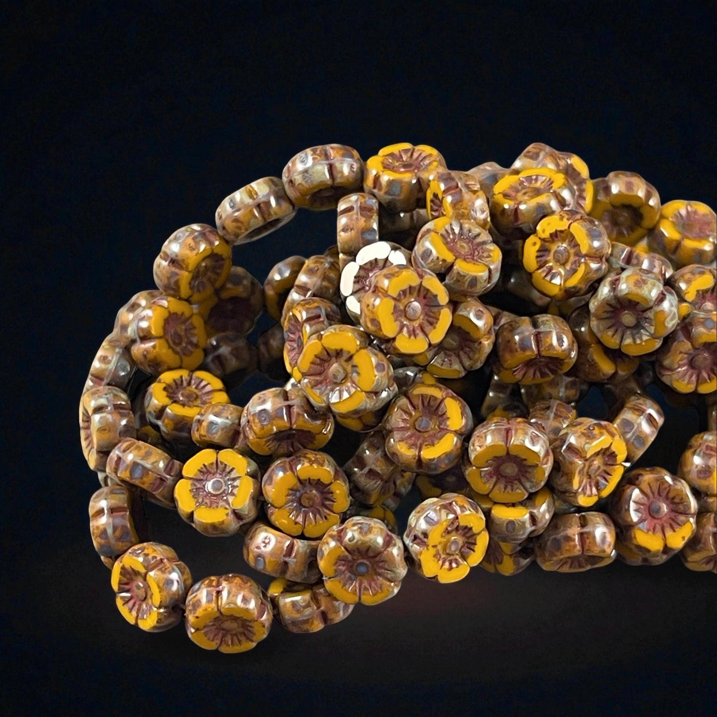 Czech Beads - 7mm Hibiscus Flower, Mustard Yellow with Travertine Picasso (FL7/RJ-1259) * Qty. 12