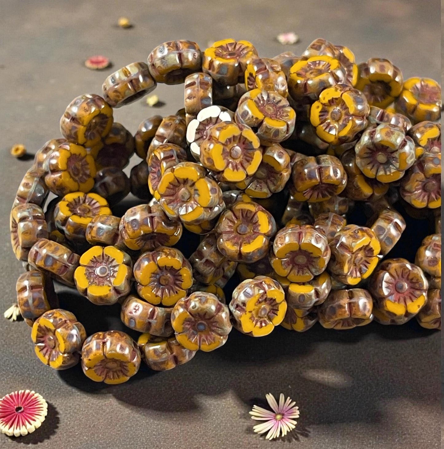 Czech Beads - 7mm Hibiscus Flower, Mustard Yellow with Travertine Picasso (FL7/RJ-1259) * Qty. 12