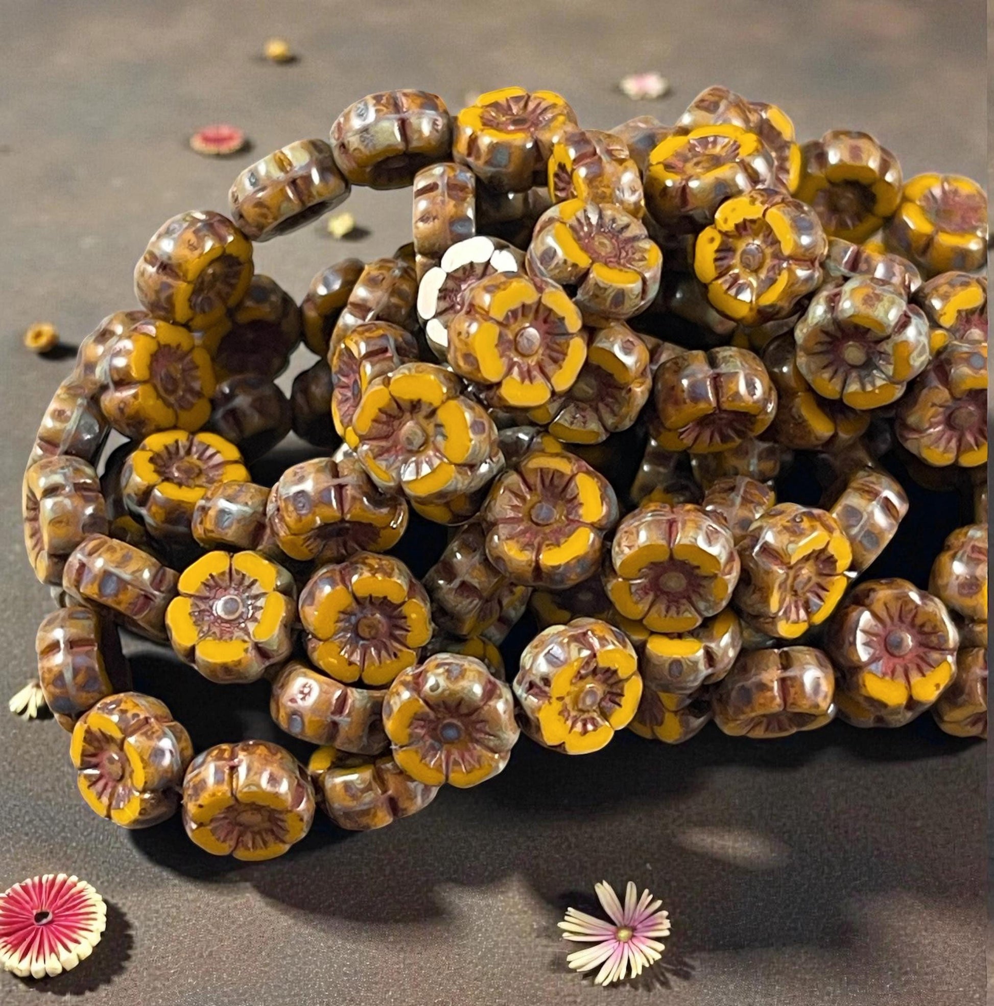 Czech Beads - 7mm Hibiscus Flower, Mustard Yellow with Travertine Picasso (FL7/RJ-1259) * Qty. 12