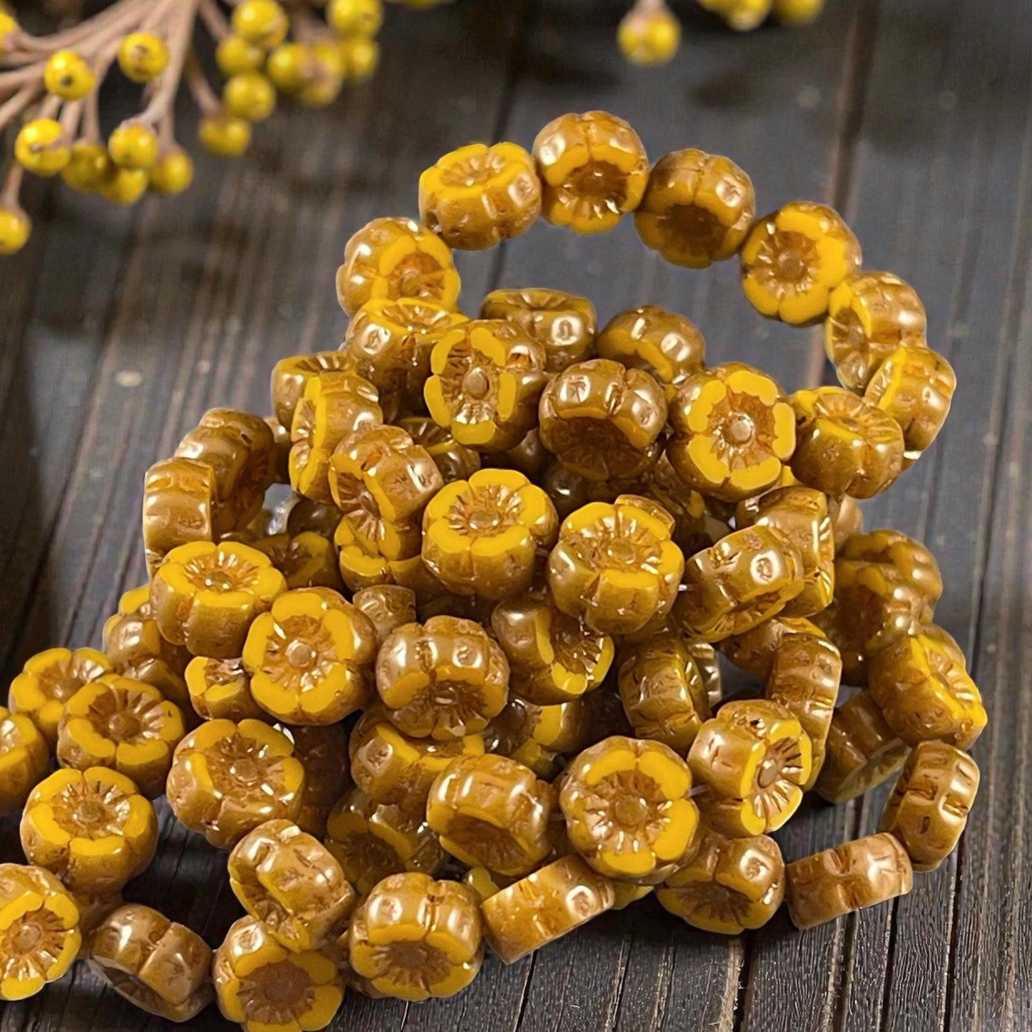 Czech Beads - 7mm Hibiscus Flower, Marigold Yellow with Bronze Picasso (FL7/RJ-1263) * Qty. 12