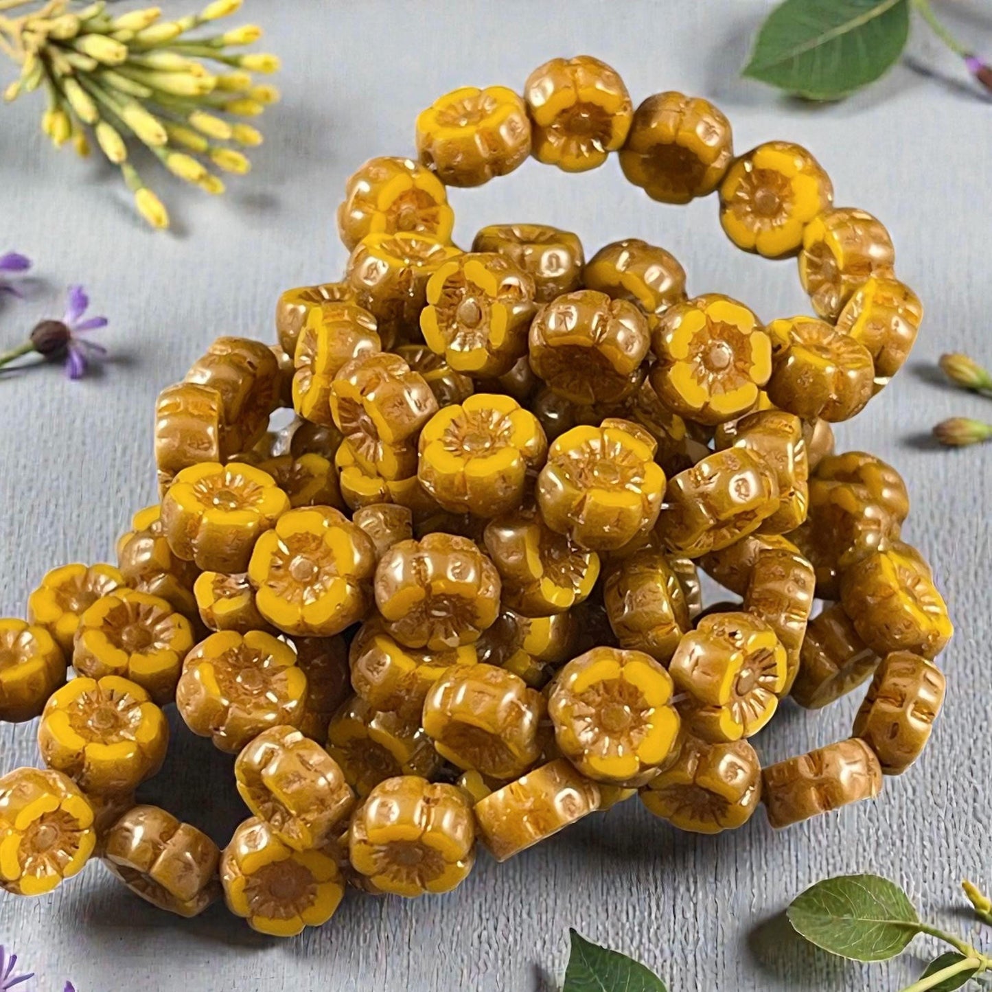 Czech Beads - 7mm Hibiscus Flower, Marigold Yellow with Bronze Picasso (FL7/RJ-1263) * Qty. 12