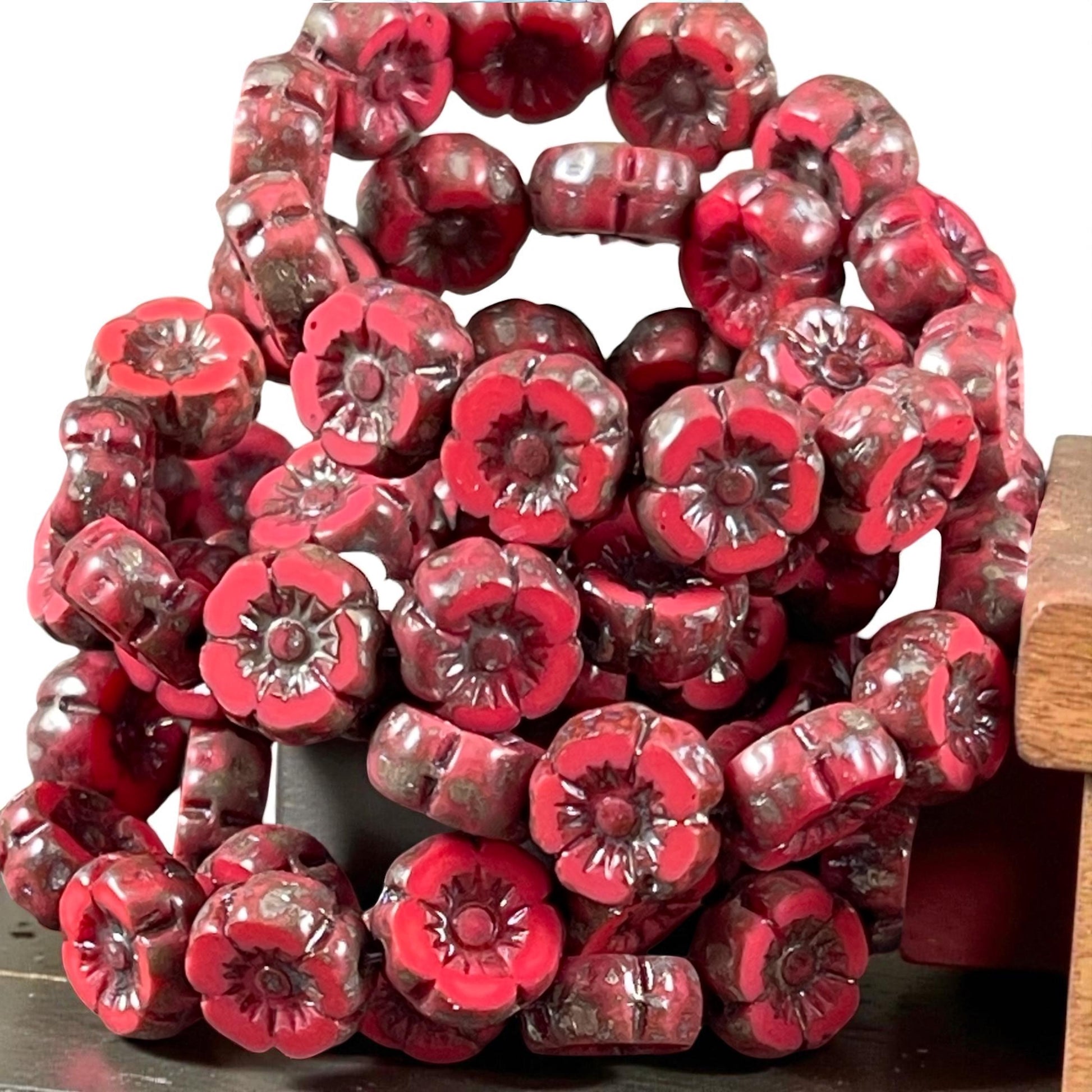 Czech Beads - 7mm Hibiscus Flower, Coral Red with Travertine Picasso (FL7/RJ-1262) * Qty. 12