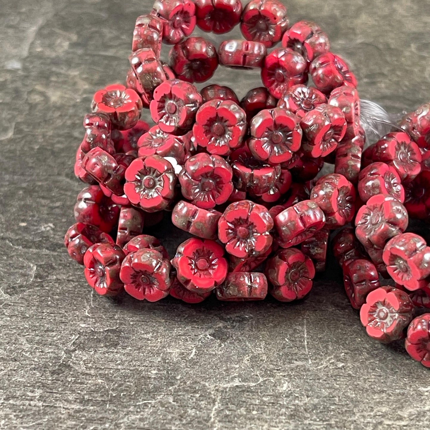Czech Beads - 7mm Hibiscus Flower, Coral Red with Travertine Picasso (FL7/RJ-1262) * Qty. 12