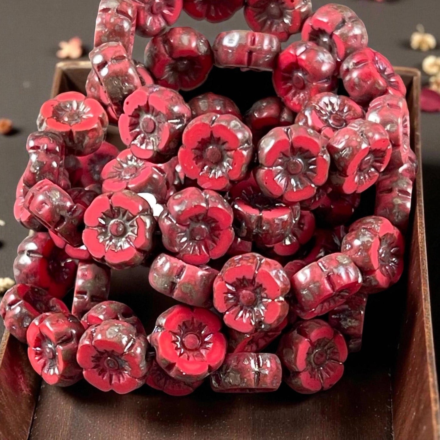 Czech Beads - 7mm Hibiscus Flower, Coral Red with Travertine Picasso (FL7/RJ-1262) * Qty. 12