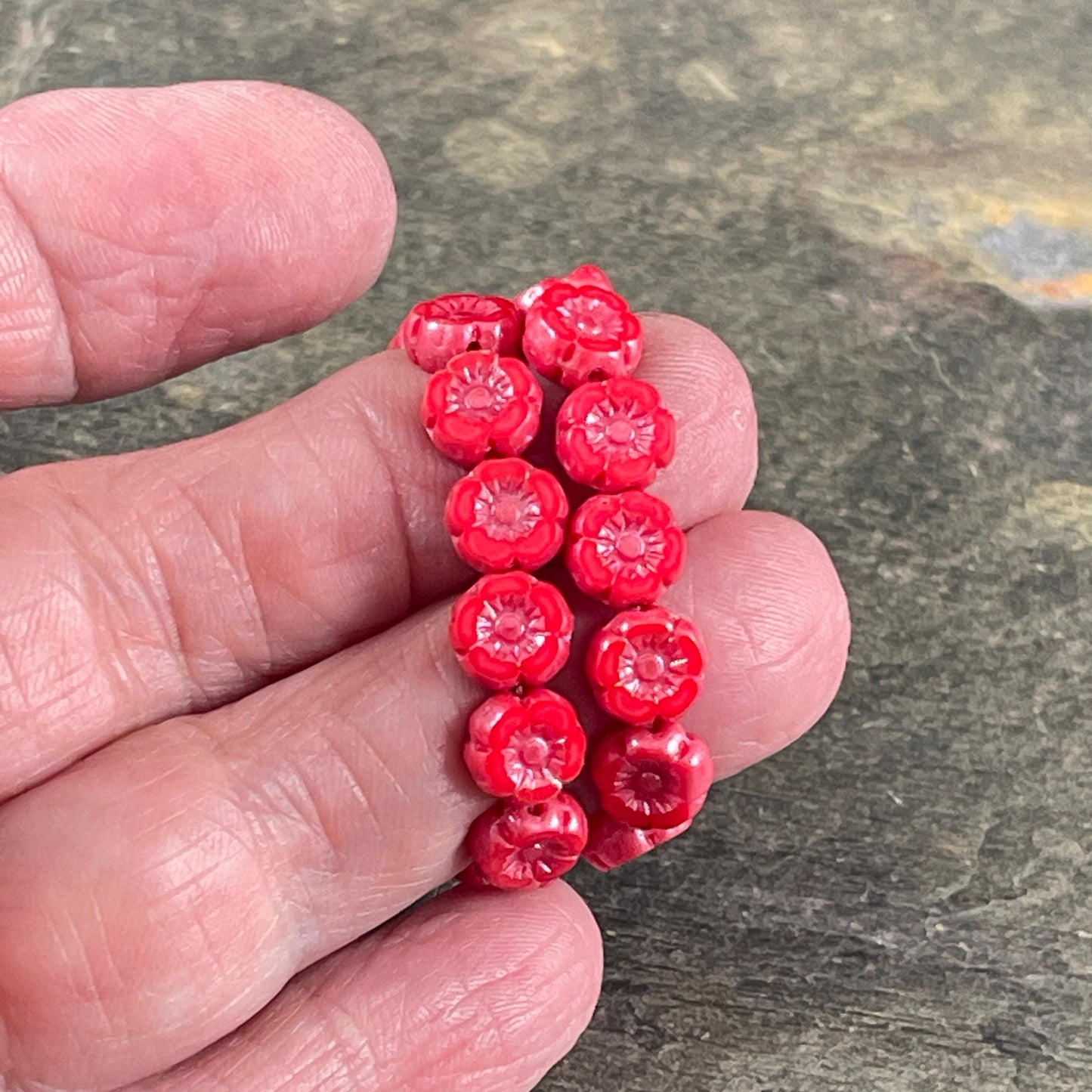 Czech Beads - 7mm Hibiscus Flower, Coral Red with Pink Luster (FL7/RJ-1271) * Qty. 12