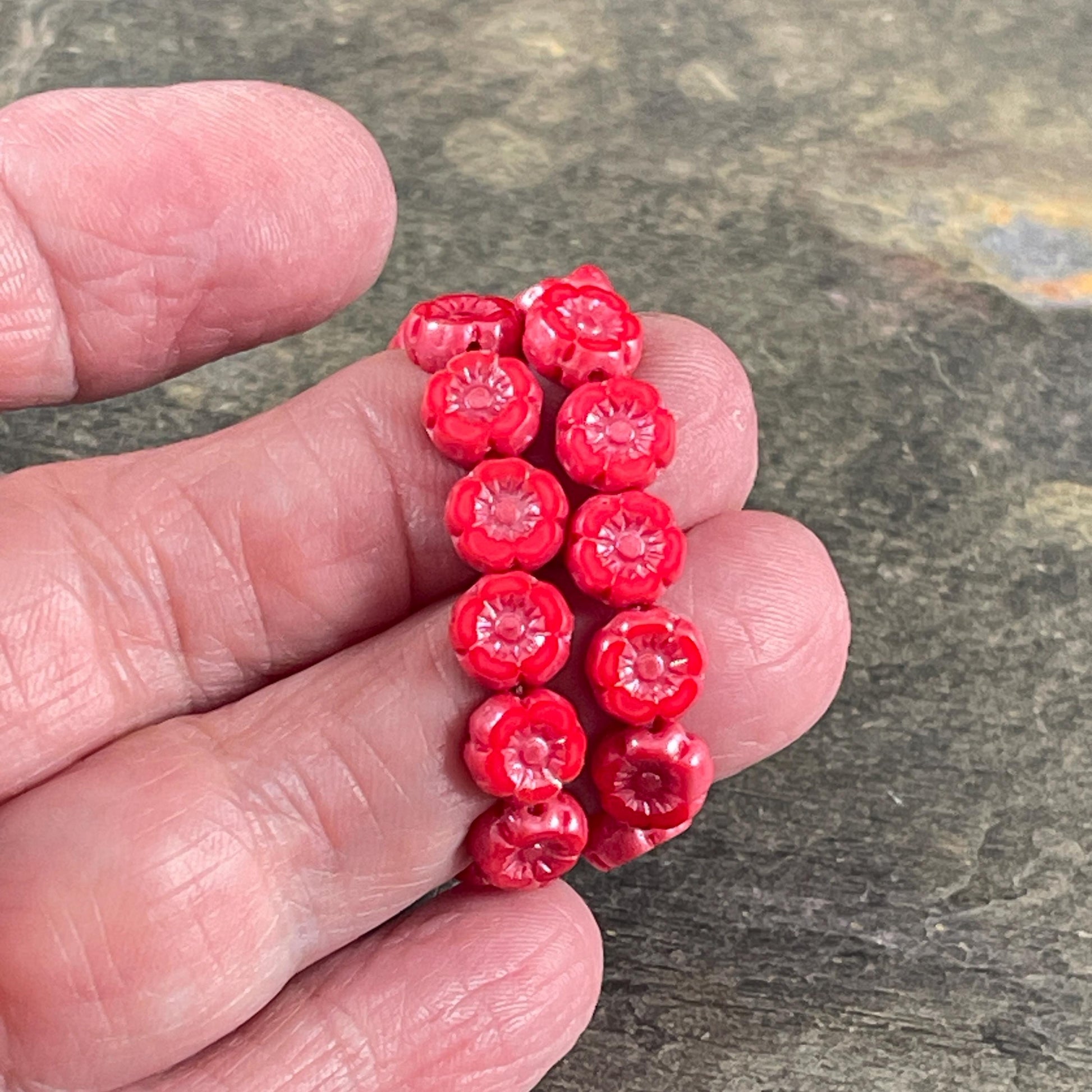 Czech Beads - 7mm Hibiscus Flower, Coral Red with Pink Luster (FL7/RJ-1271) * Qty. 12