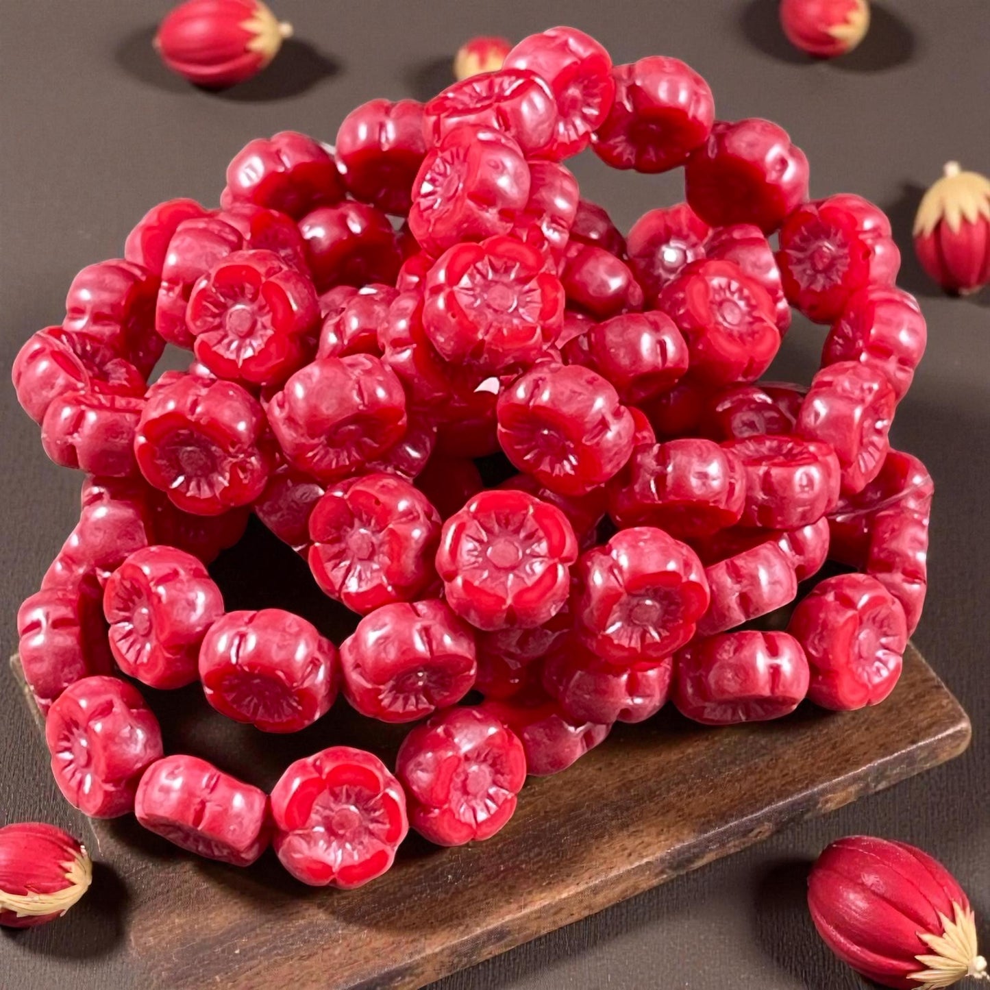 Czech Beads - 7mm Hibiscus Flower, Coral Red with Pink Luster (FL7/RJ-1271) * Qty. 12