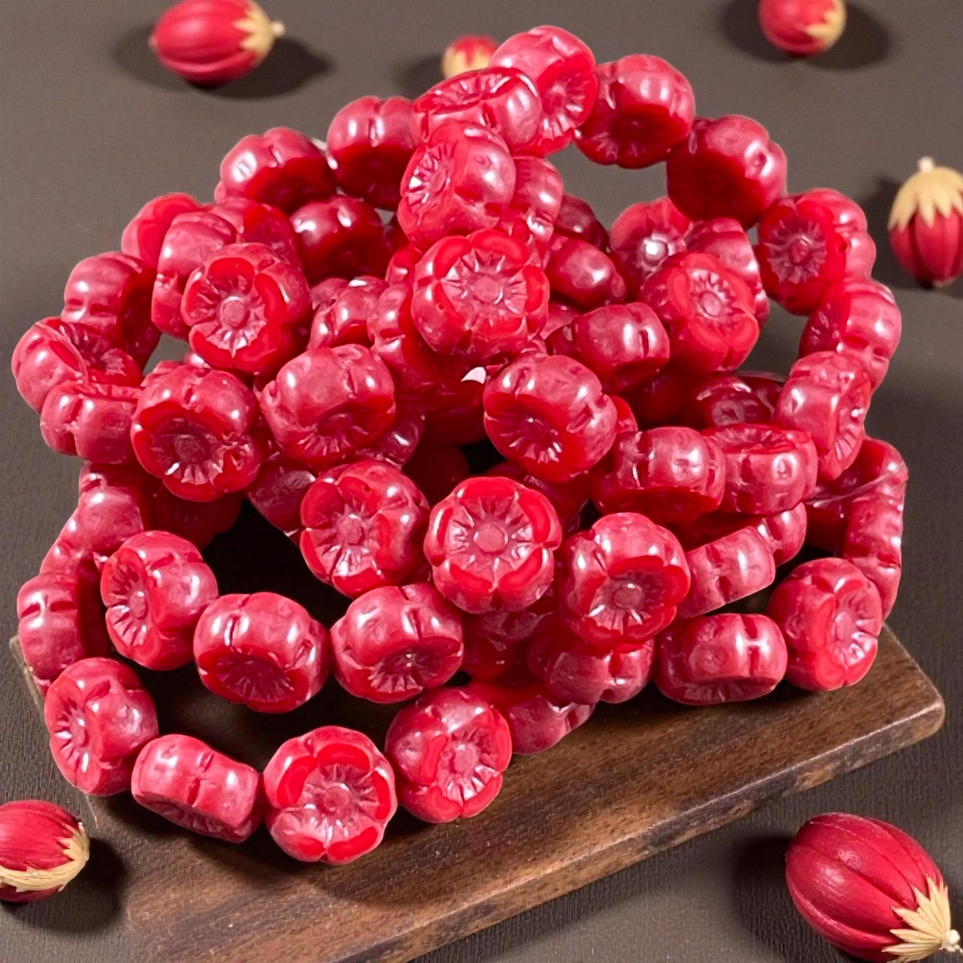 Czech Beads - 7mm Hibiscus Flower, Coral Red with Pink Luster (FL7/RJ-1271) * Qty. 12