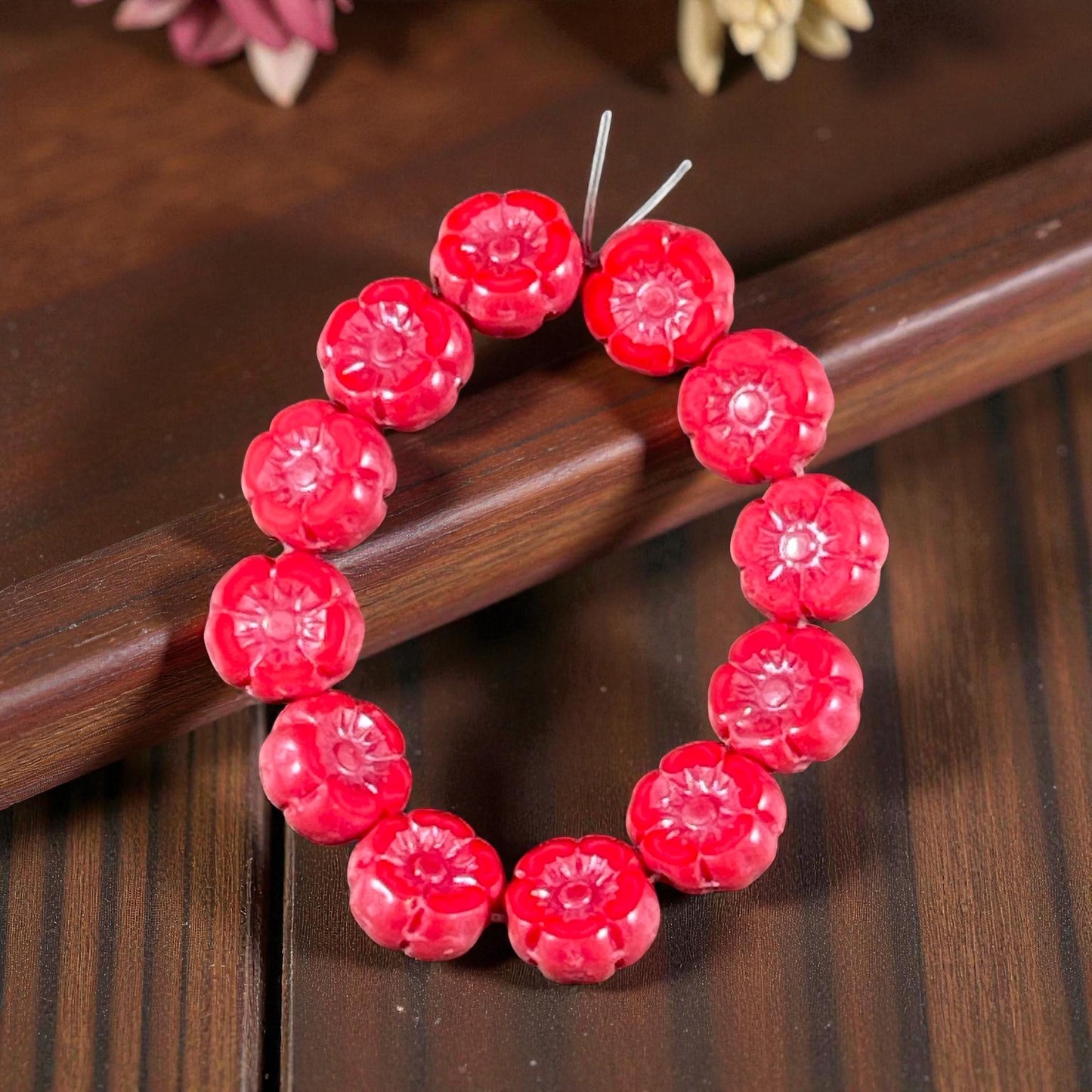 Czech Beads - 7mm Hibiscus Flower, Coral Red with Pink Luster (FL7/RJ-1271) * Qty. 12