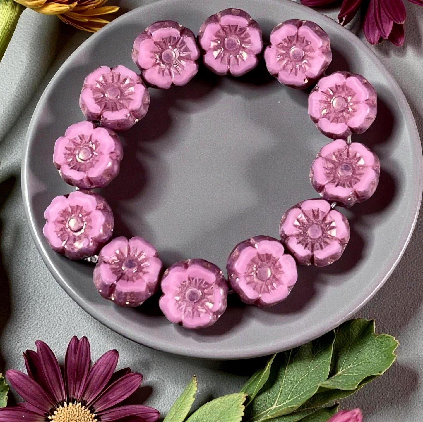 Czech Beads - 7mm Hibiscus Flower, Mauve Pink with Bronze Picasso (FL7/RJ-1267) * Qty. 12