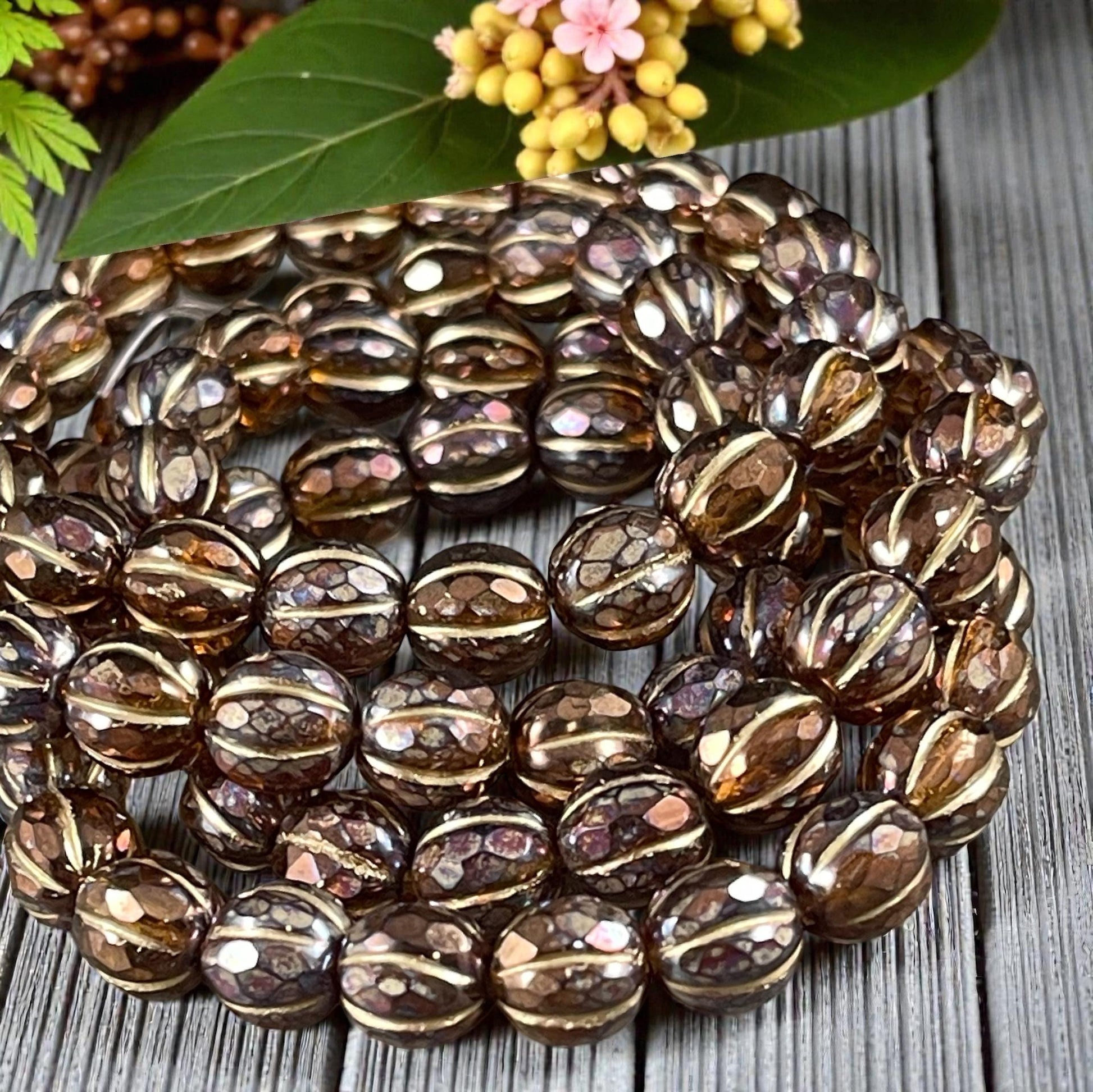 Czech Glass - 8mm Faceted Melon, Brown with Bronze and Gold (8FM/N-1771) * 20 Beads