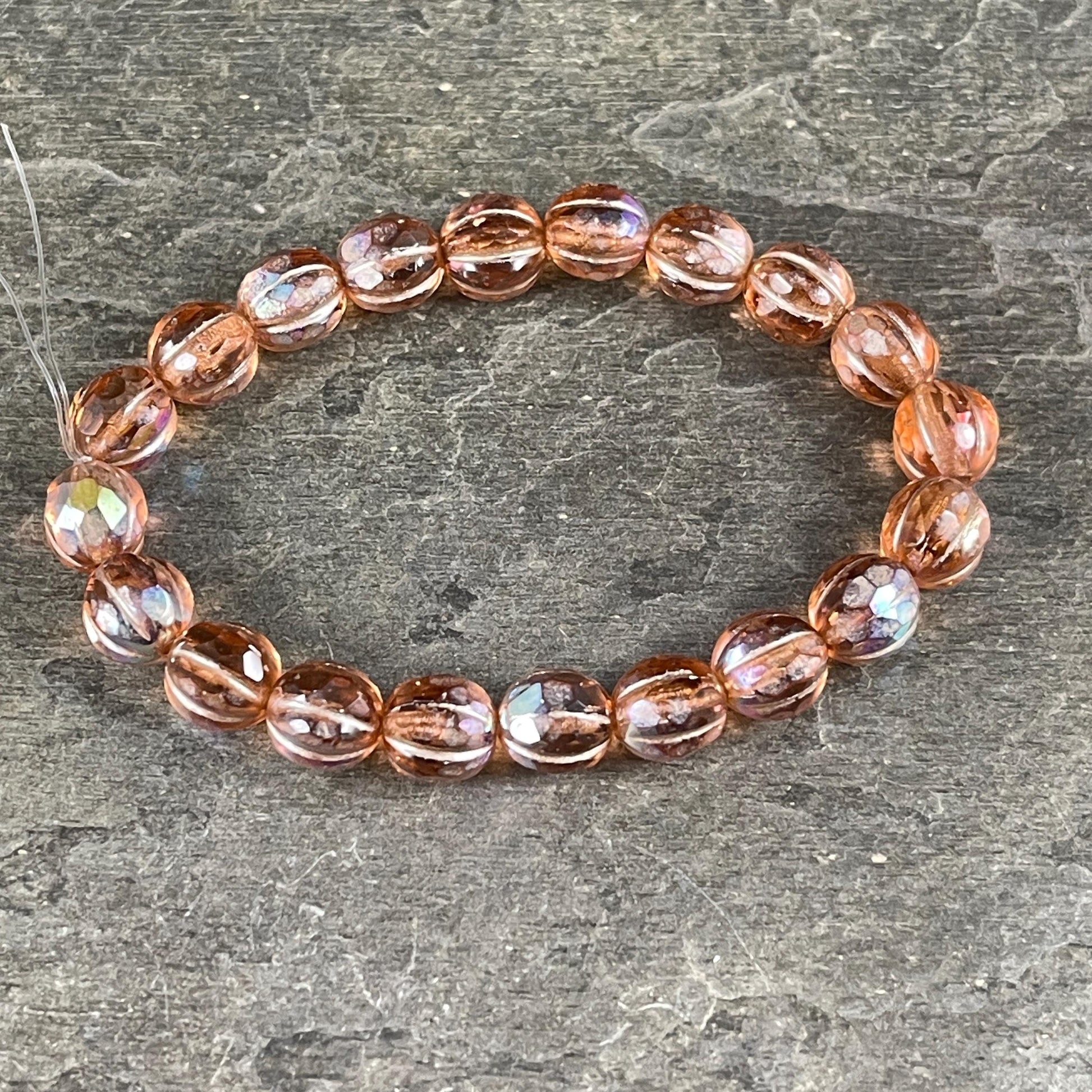 Czech Glass - 8mm Faceted Melon, Transparent Peach with AB (8FM/N-1777) * 20 Beads