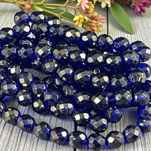 Czech Glass - 8mm Faceted Round, Sapphire with Golden Luster Finish (FP8/N-025) * 20 Beads