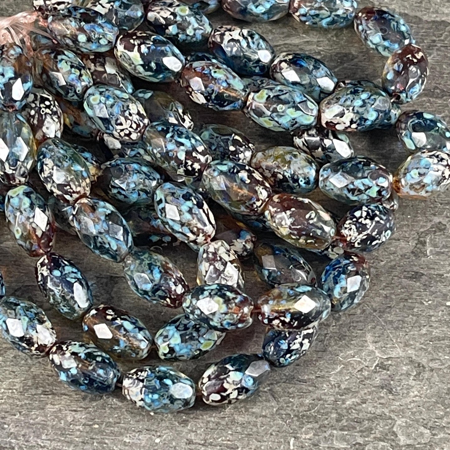 Czech Beads - 12x8mm Faceted Oval, Blue, Green and Topaz Picasso Beads (FOV/N-0508) * Qty. 12