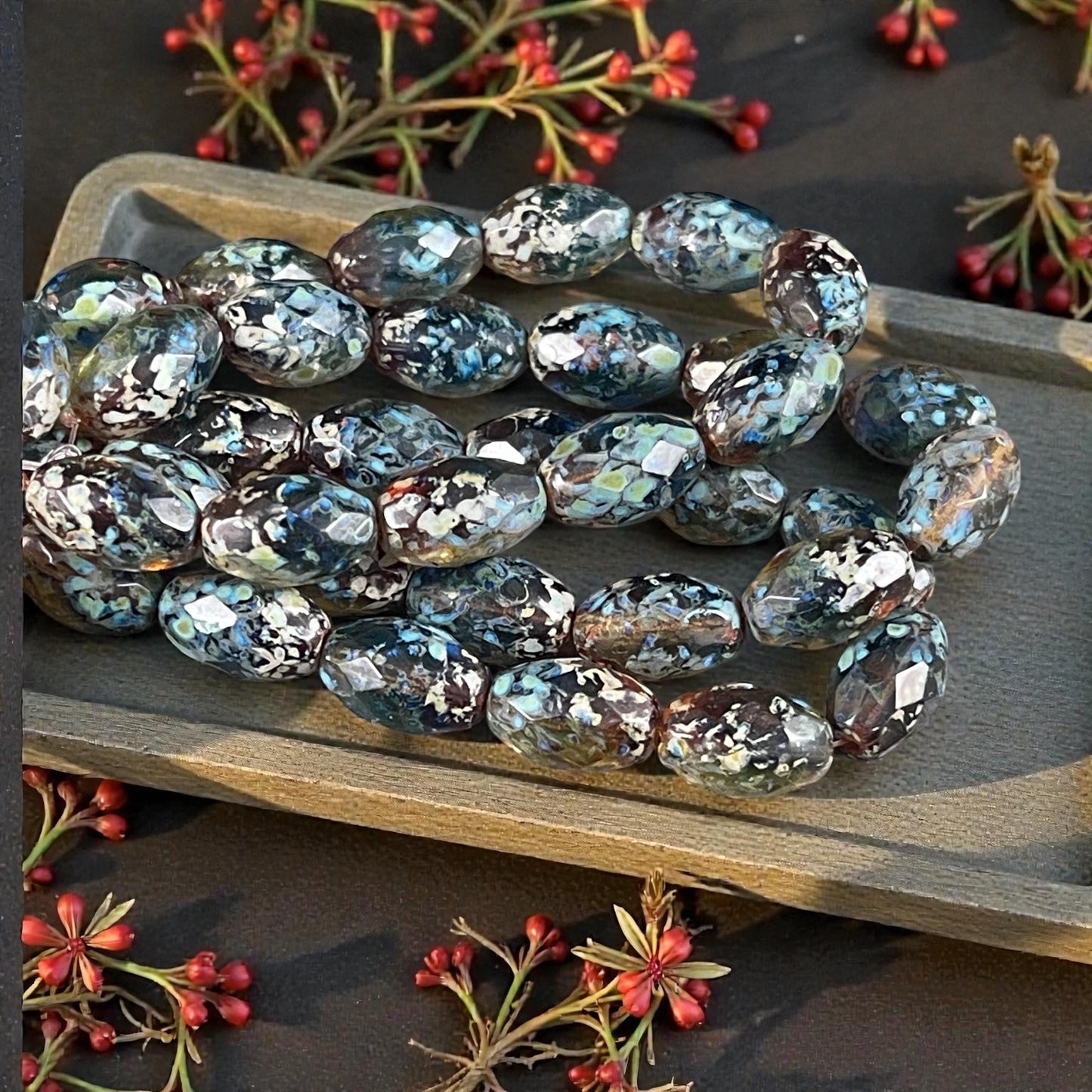 Czech Beads - 12x8mm Faceted Oval, Blue, Green and Topaz Picasso Beads (FOV/N-0508) * Qty. 12