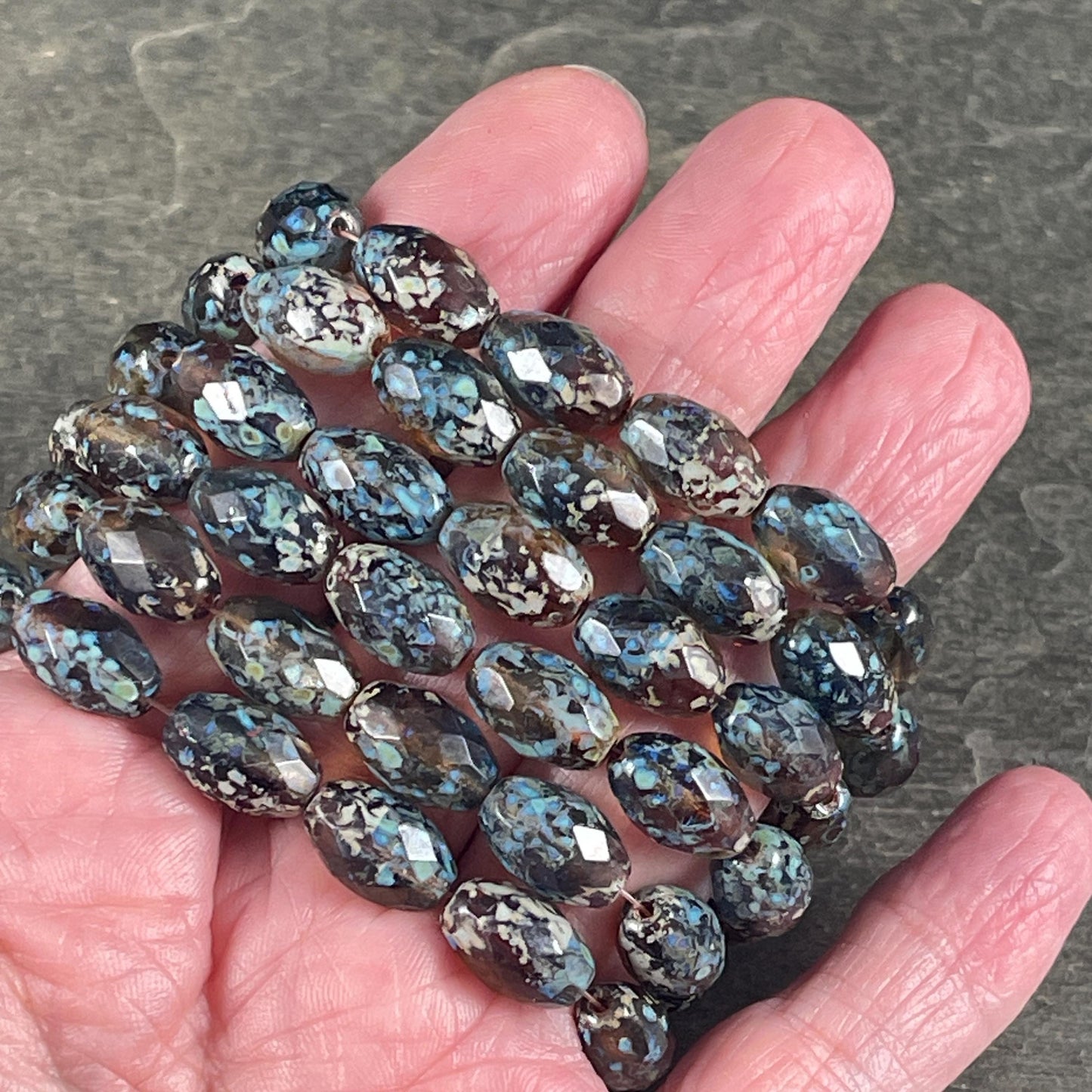 Czech Beads - 12x8mm Faceted Oval, Blue, Green and Topaz Picasso Beads (FOV/N-0508) * Qty. 12