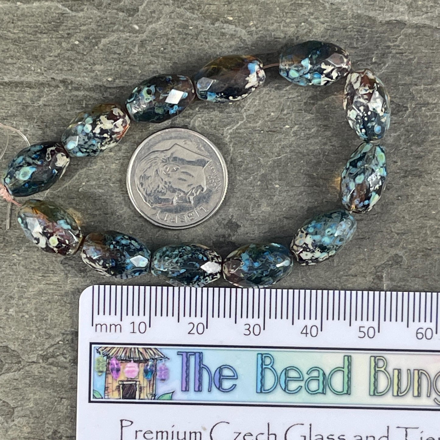 Czech Beads - 12x8mm Faceted Oval, Blue, Green and Topaz Picasso Beads (FOV/N-0508) * Qty. 12