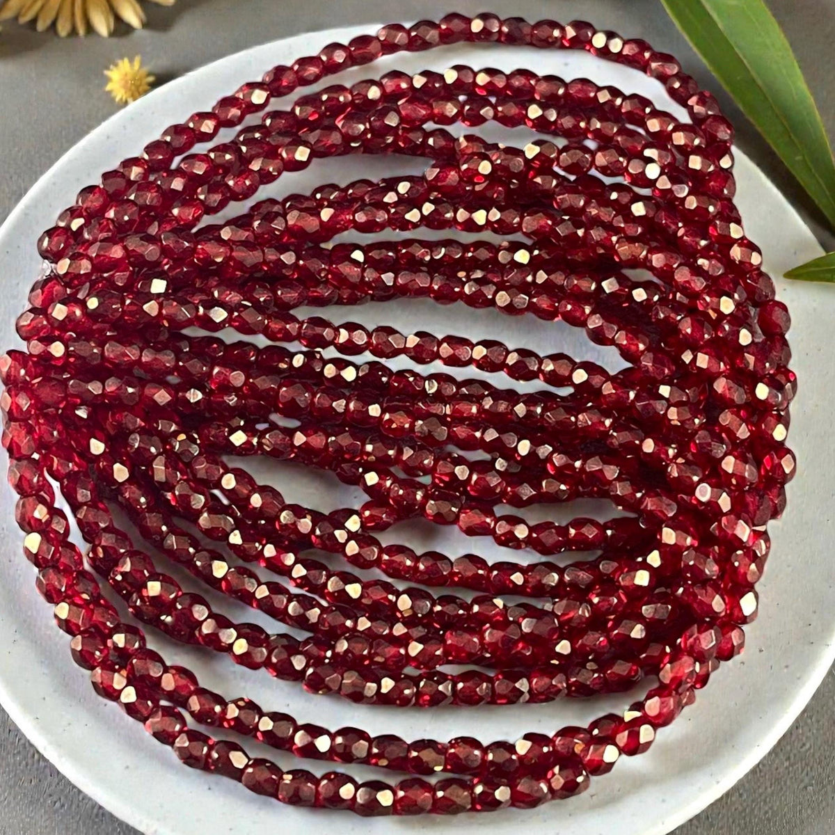 Ruby Red with Gold Finish Glass Beads, Red Czech Beads, 4mm Faceted Round Beads - Transparent Red with Gold Luster (FP4/N-123) - Qty 50