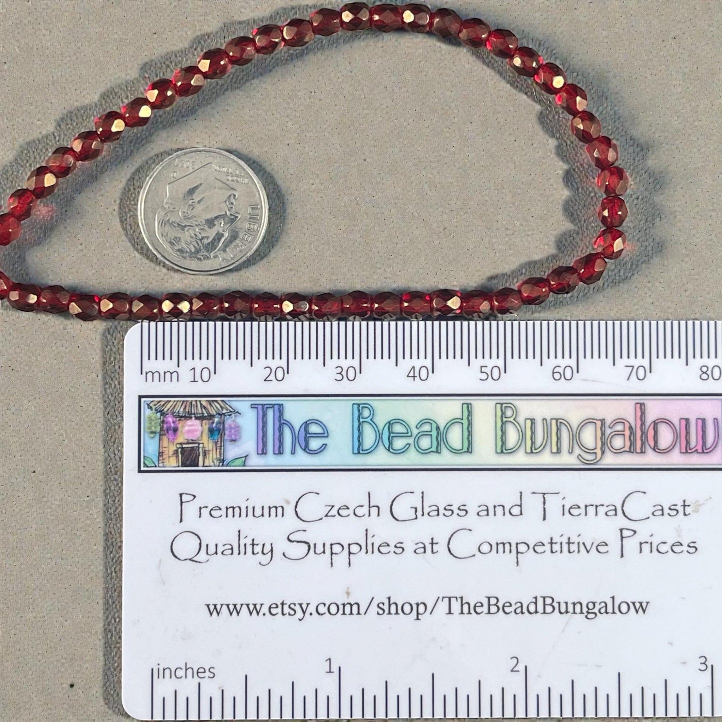 Ruby Red with Gold Finish Glass Beads, Red Czech Beads, 4mm Faceted Round Beads - Transparent Red with Gold Luster (FP4/N-123) - Qty 50