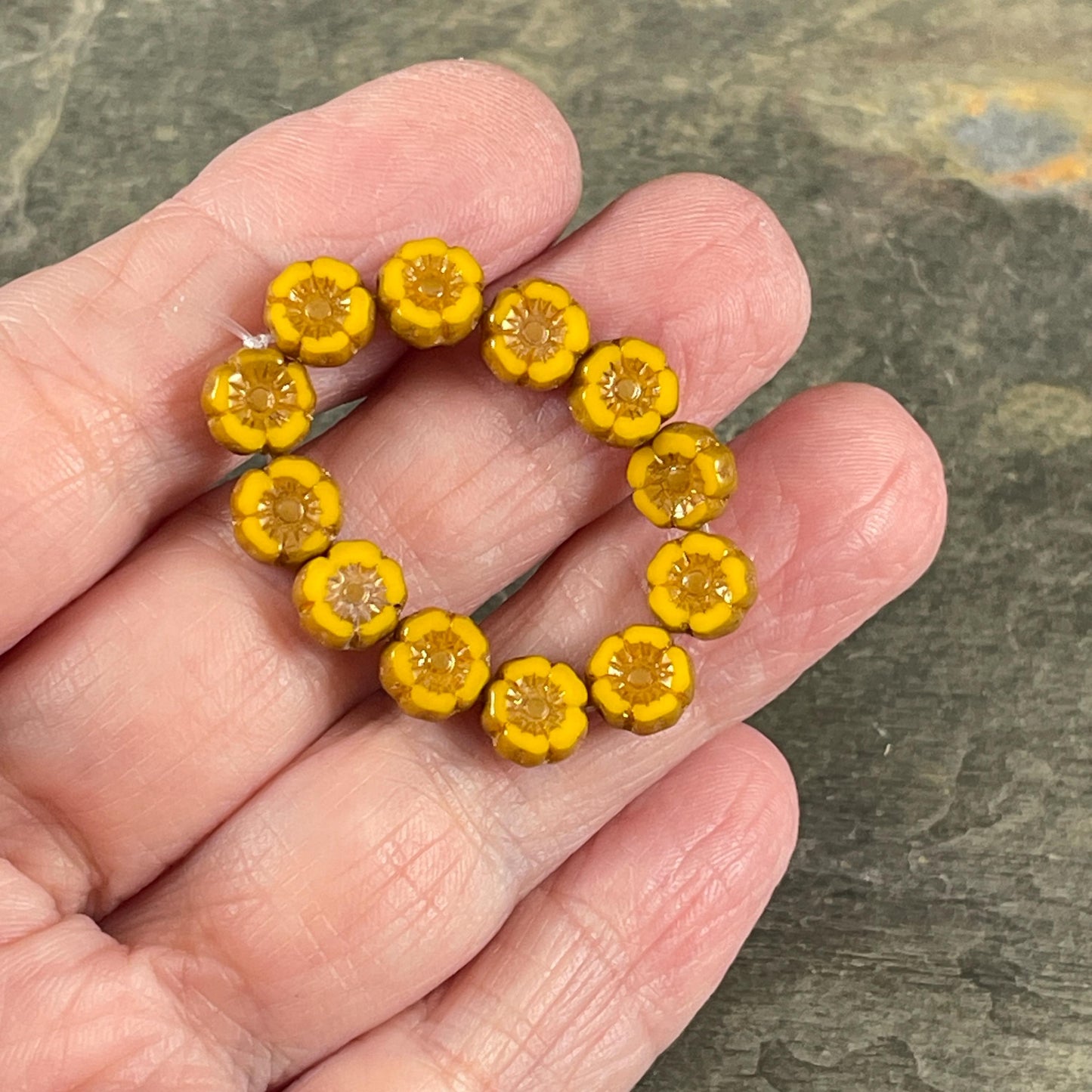Czech Beads - 7mm Hibiscus Flower, Marigold Yellow with Bronze Picasso (FL7/RJ-1263) * Qty. 12