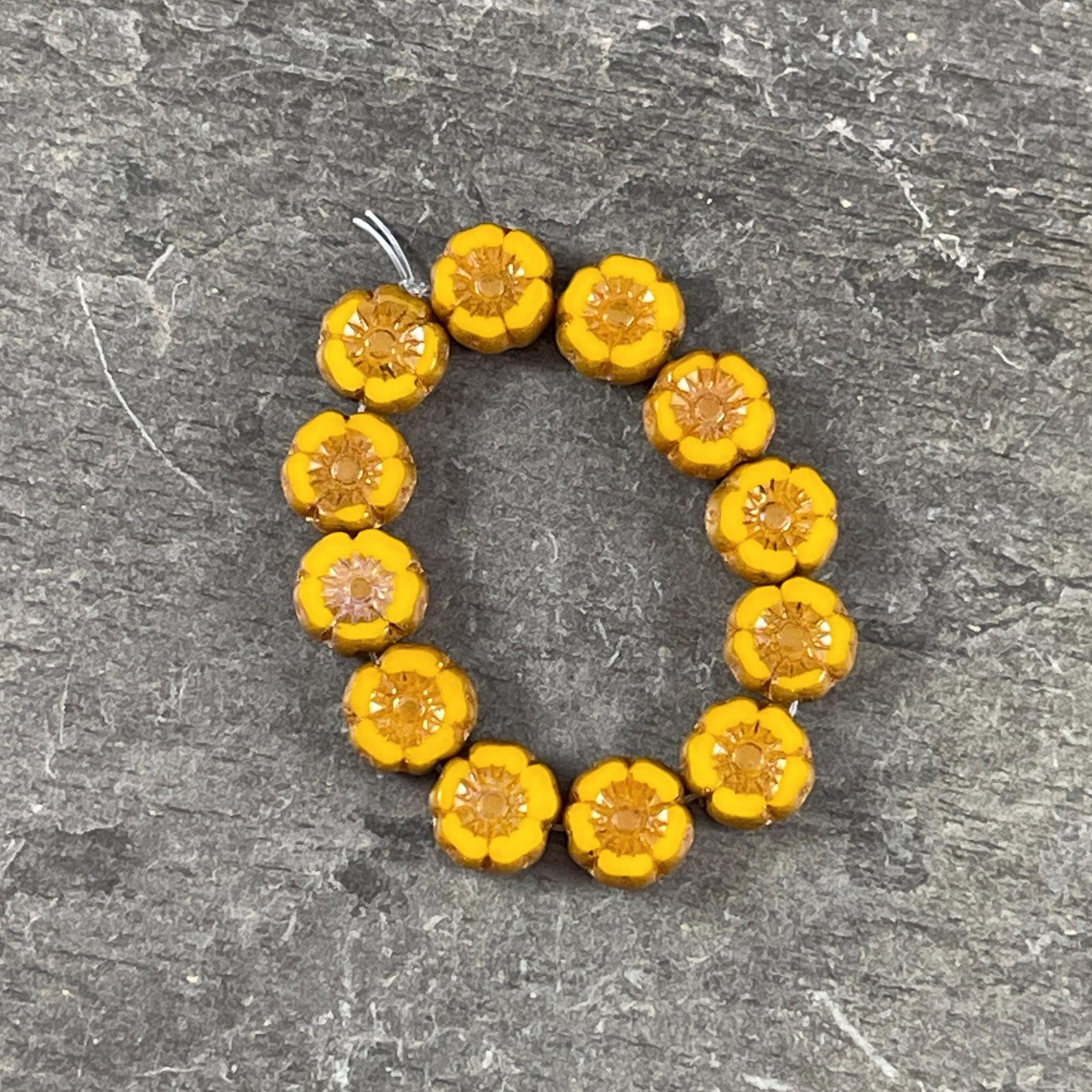Czech Beads - 7mm Hibiscus Flower, Marigold Yellow with Bronze Picasso (FL7/RJ-1263) * Qty. 12