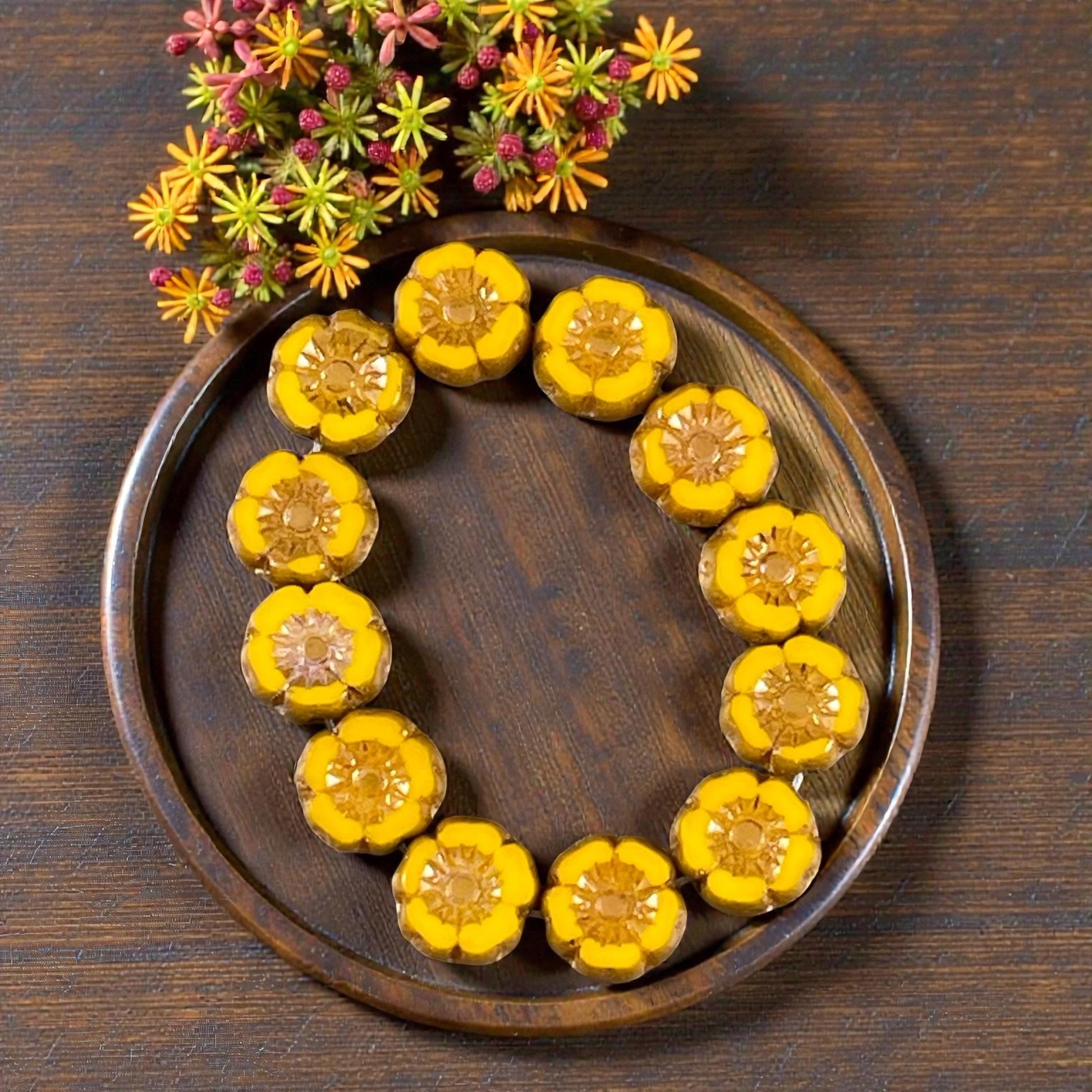 Czech Beads - 7mm Hibiscus Flower, Marigold Yellow with Bronze Picasso (FL7/RJ-1263) * Qty. 12
