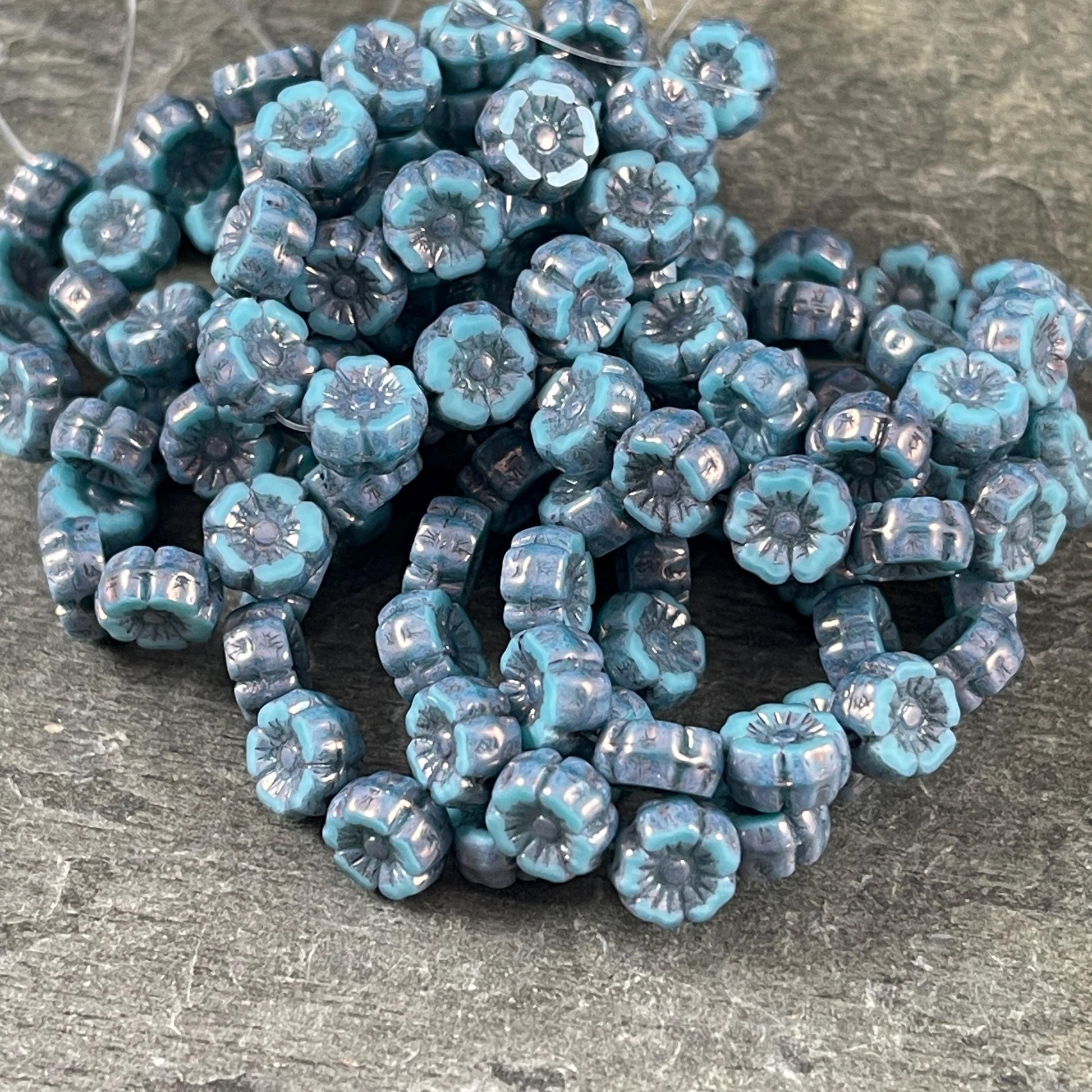 Czech Beads - 7mm Hibiscus Flower, Turquoise Silk with Metallic Picasso (FL7/RJ-1268) * Qty. 12