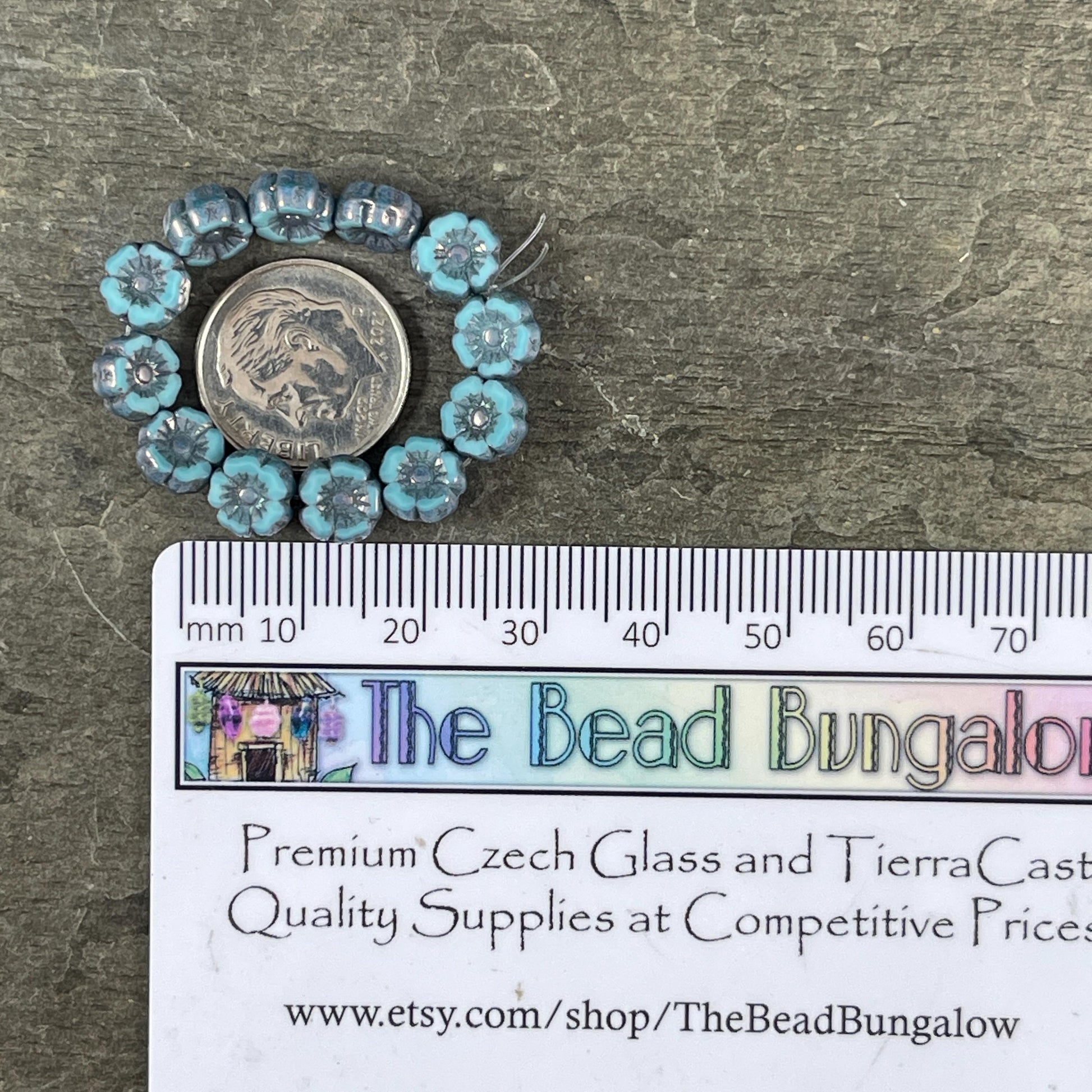 Czech Beads - 7mm Hibiscus Flower, Turquoise Silk with Metallic Picasso (FL7/RJ-1268) * Qty. 12