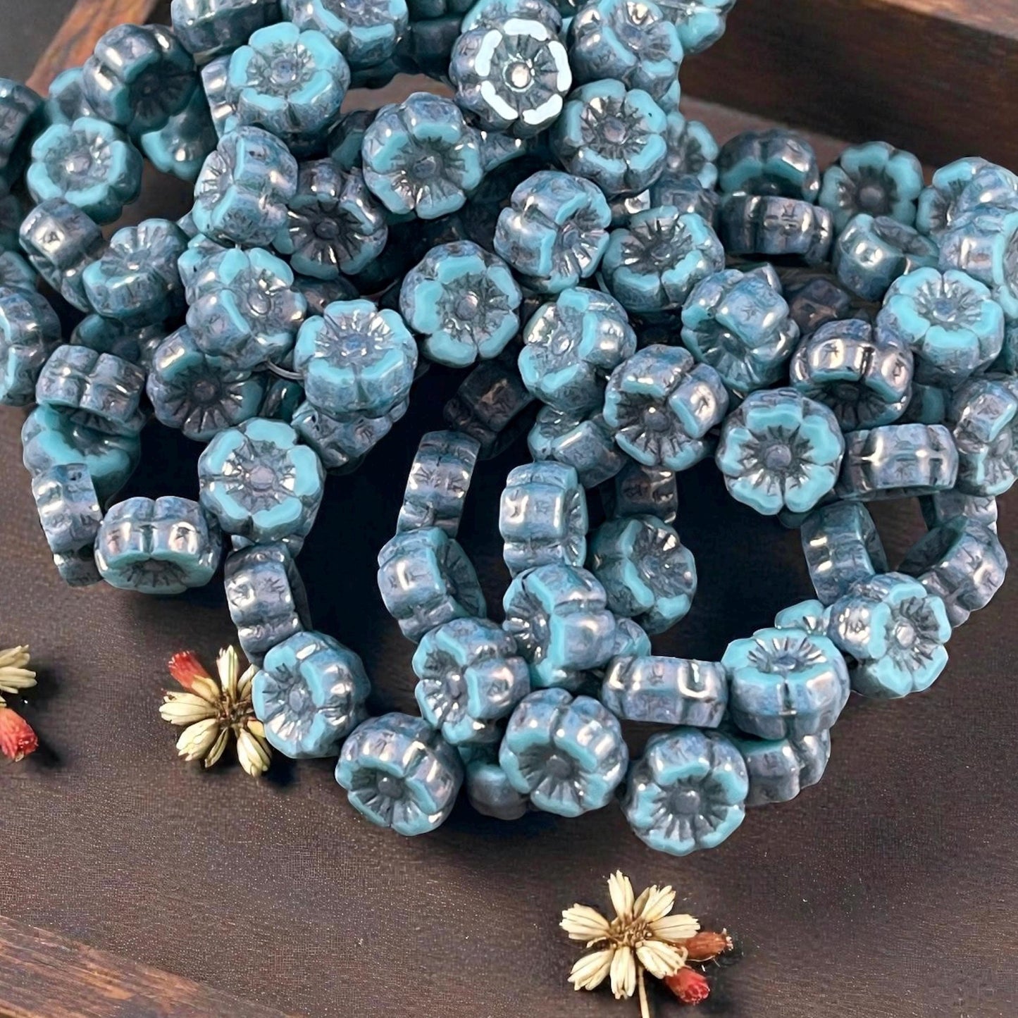 Czech Beads - 7mm Hibiscus Flower, Turquoise Silk with Metallic Picasso (FL7/RJ-1268) * Qty. 12