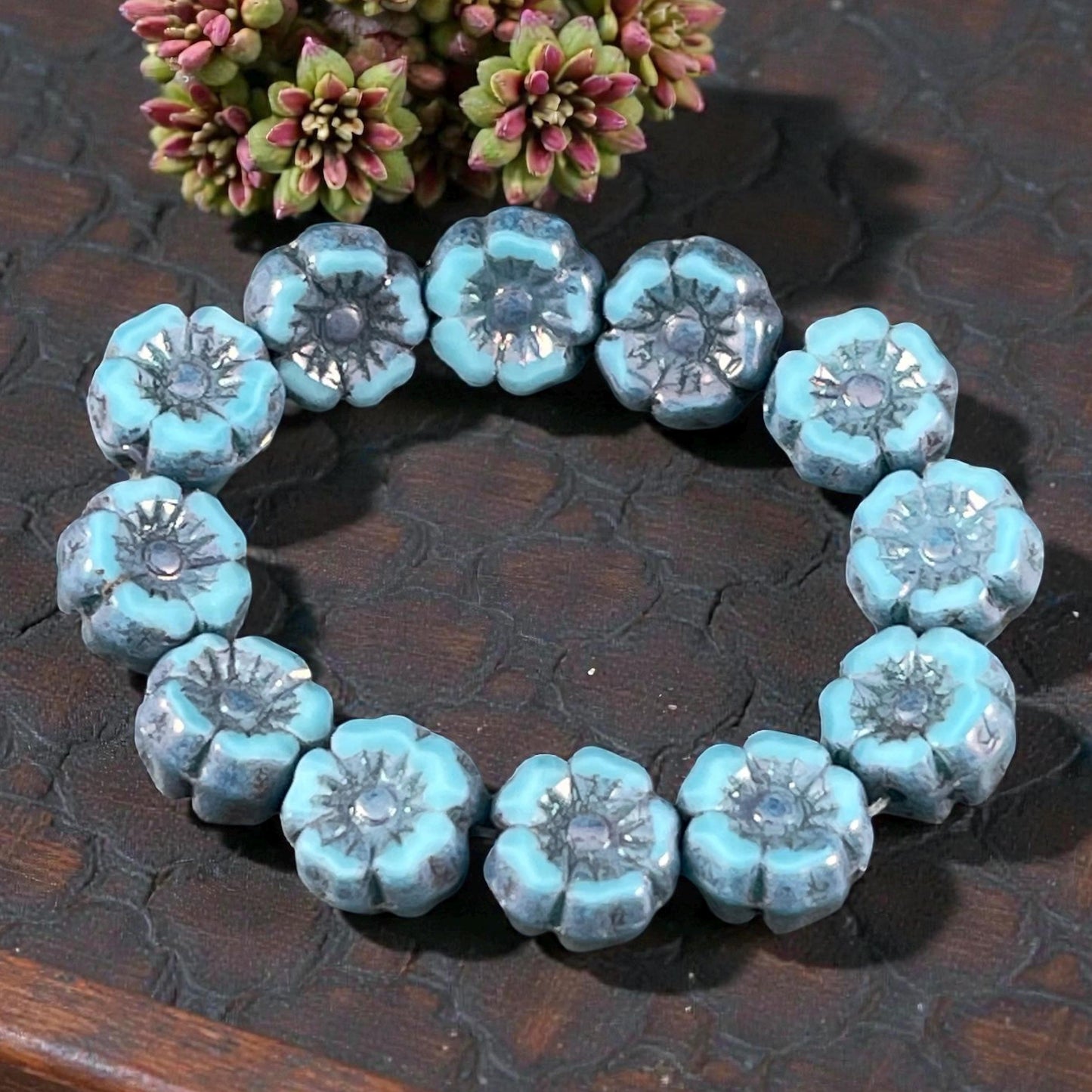 Czech Beads - 7mm Hibiscus Flower, Turquoise Silk with Metallic Picasso (FL7/RJ-1268) * Qty. 12