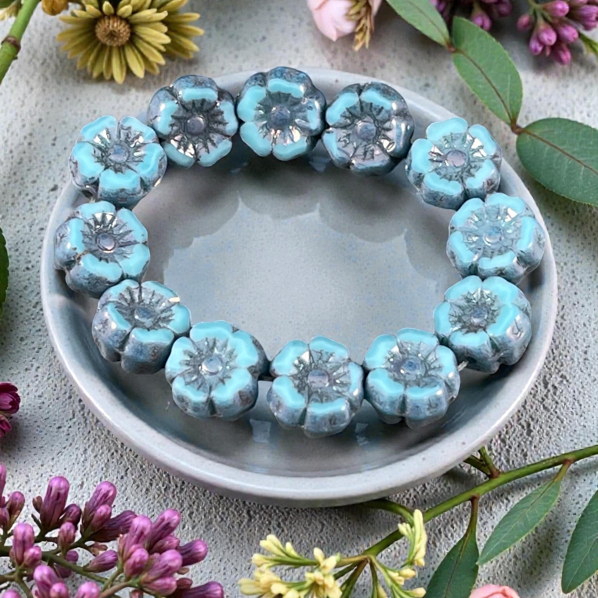 Czech Beads - 7mm Hibiscus Flower, Turquoise Silk with Metallic Picasso (FL7/RJ-1268) * Qty. 12