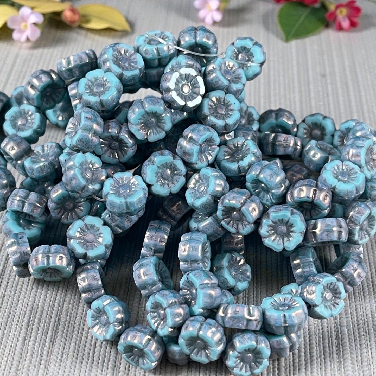 Czech Beads - 7mm Hibiscus Flower, Turquoise Silk with Metallic Picasso (FL7/RJ-1268) * Qty. 12