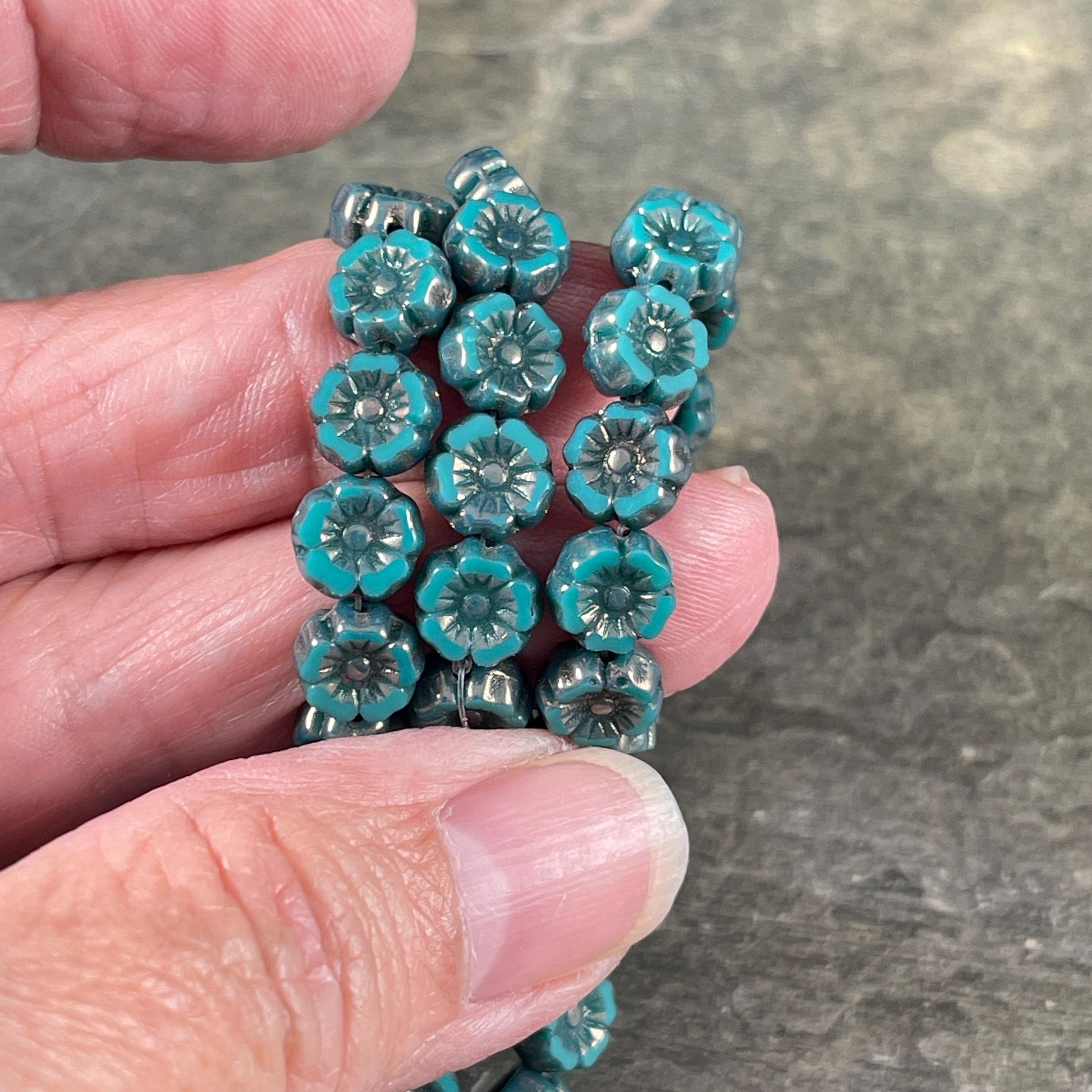 Czech Beads - 7mm Hibiscus Flower, Teal with Metallic Picasso (FL7/RJ-1265) * Qty. 12