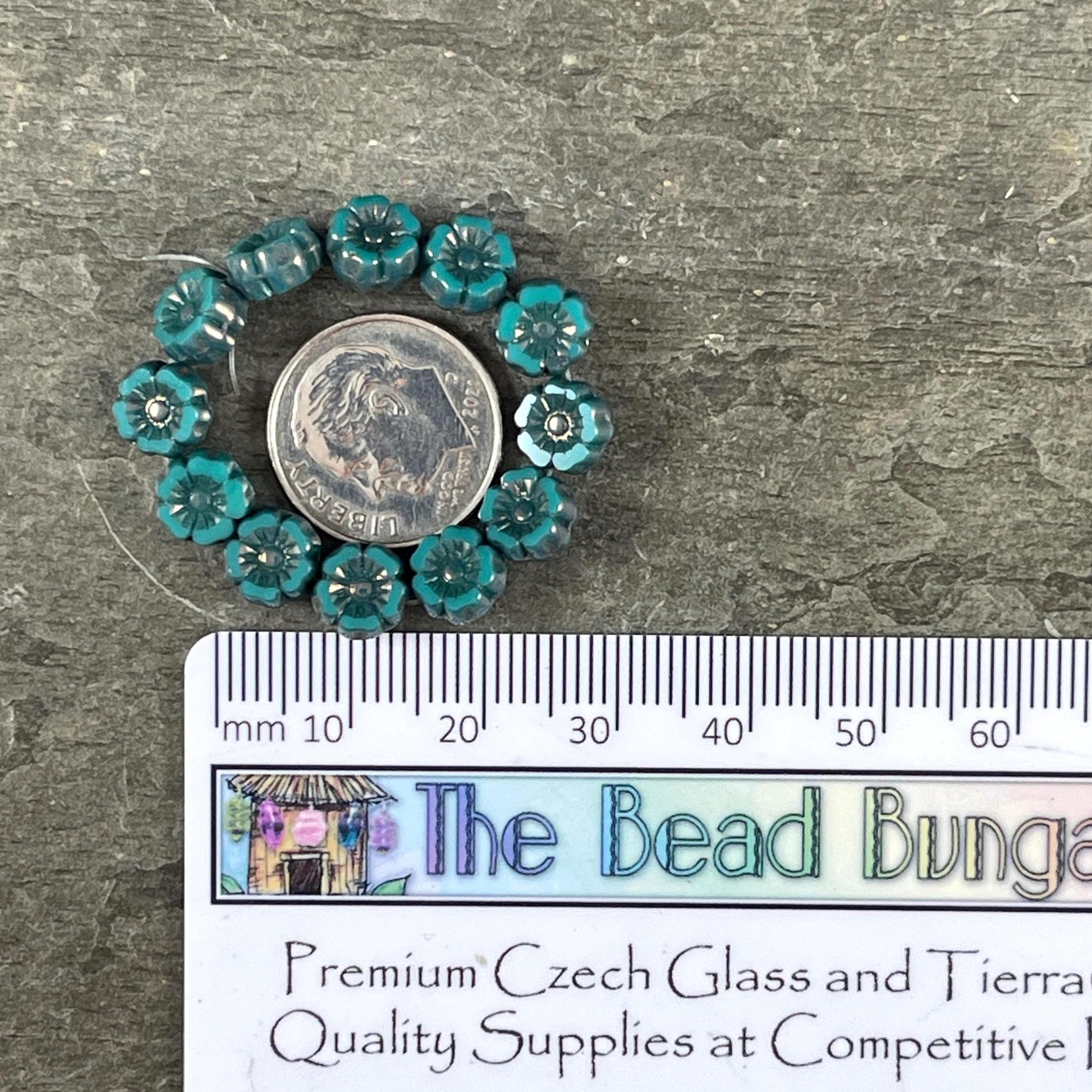 Czech Beads - 7mm Hibiscus Flower, Teal with Metallic Picasso (FL7/RJ-1265) * Qty. 12
