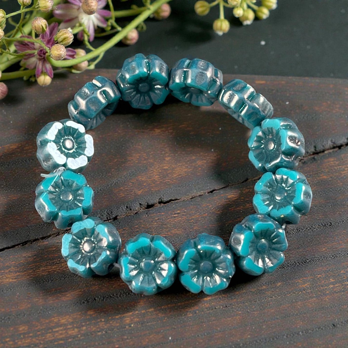 Czech Beads - 7mm Hibiscus Flower, Teal with Metallic Picasso (FL7/RJ-1265) * Qty. 12