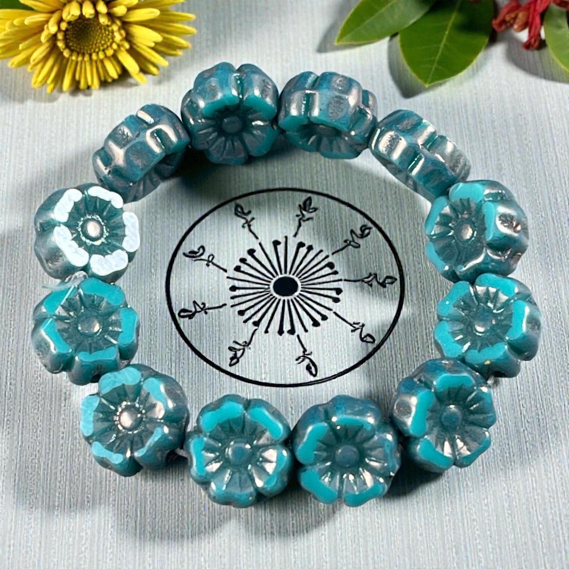 Czech Beads - 7mm Hibiscus Flower, Teal with Metallic Picasso (FL7/RJ-1265) * Qty. 12