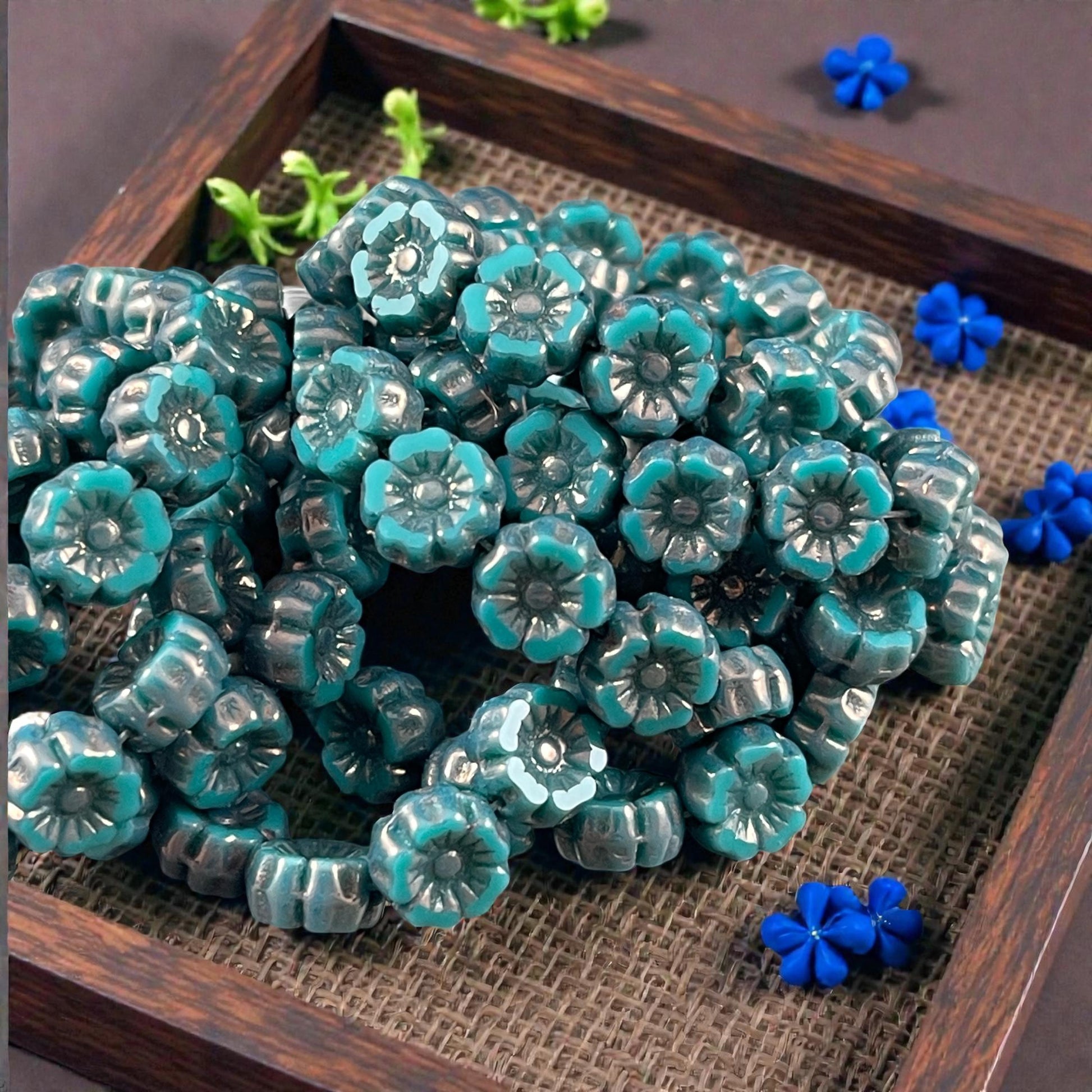 Czech Beads - 7mm Hibiscus Flower, Teal with Metallic Picasso (FL7/RJ-1265) * Qty. 12