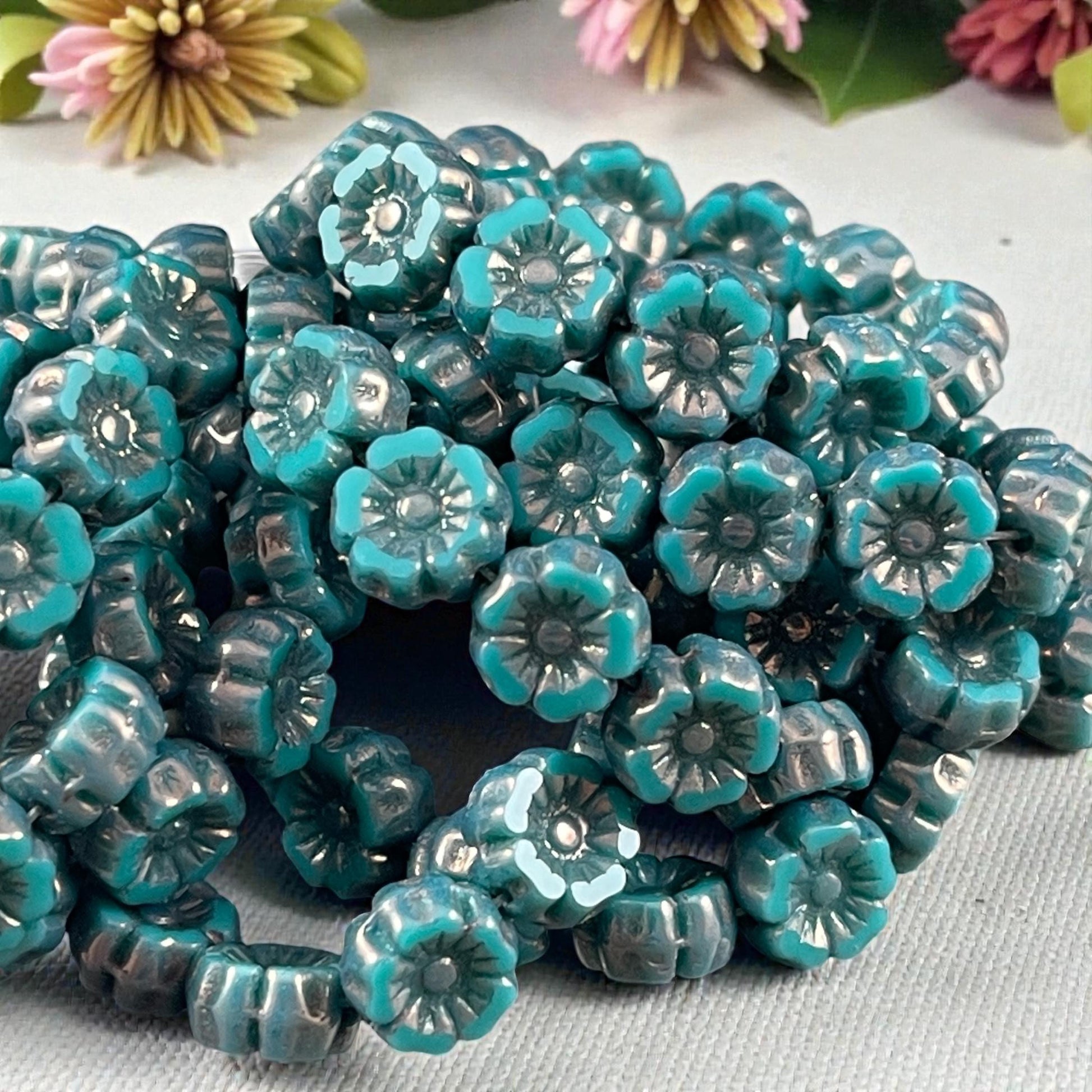 Czech Beads - 7mm Hibiscus Flower, Teal with Metallic Picasso (FL7/RJ-1265) * Qty. 12