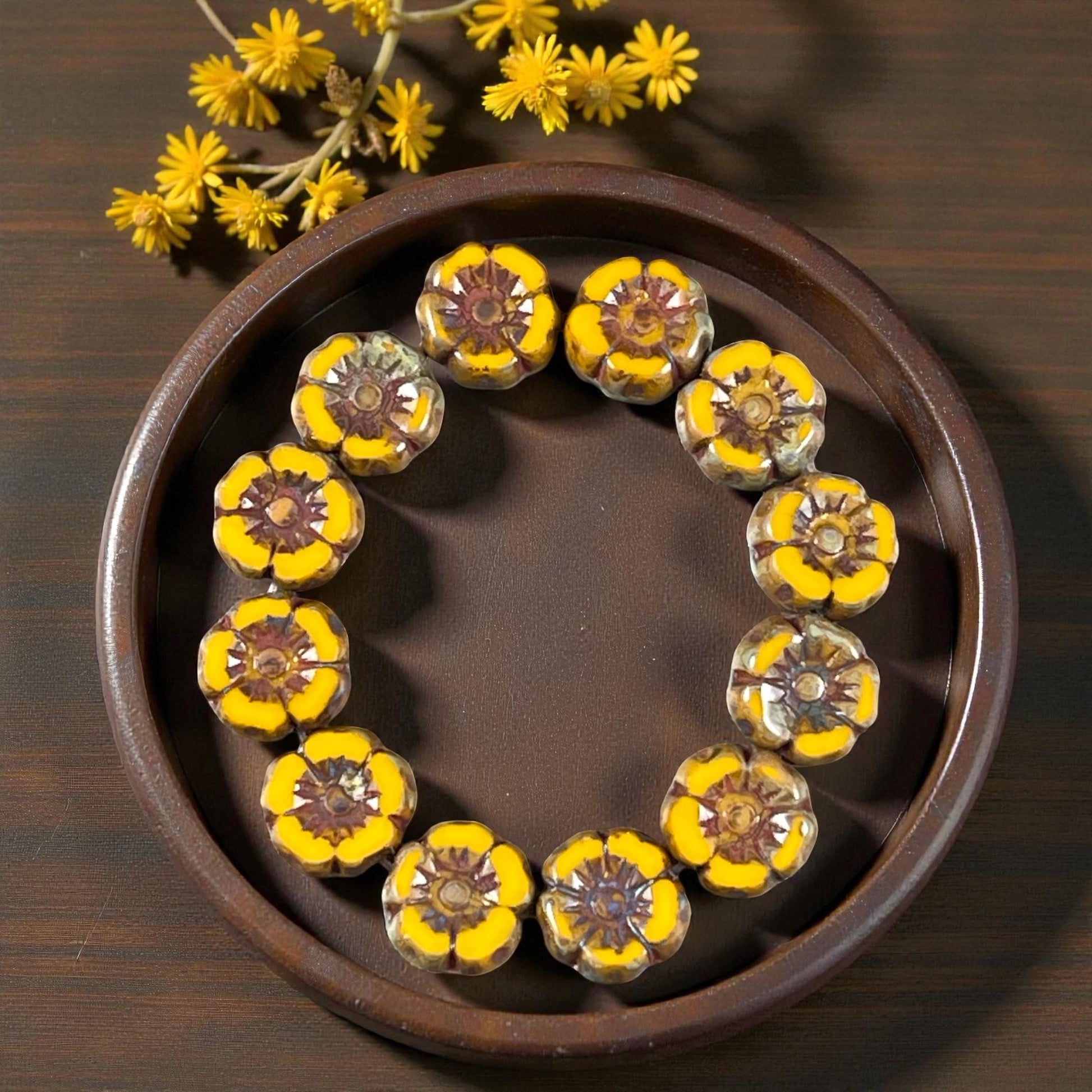 Czech Beads - 7mm Hibiscus Flower, Mustard Yellow with Travertine Picasso (FL7/RJ-1259) * Qty. 12