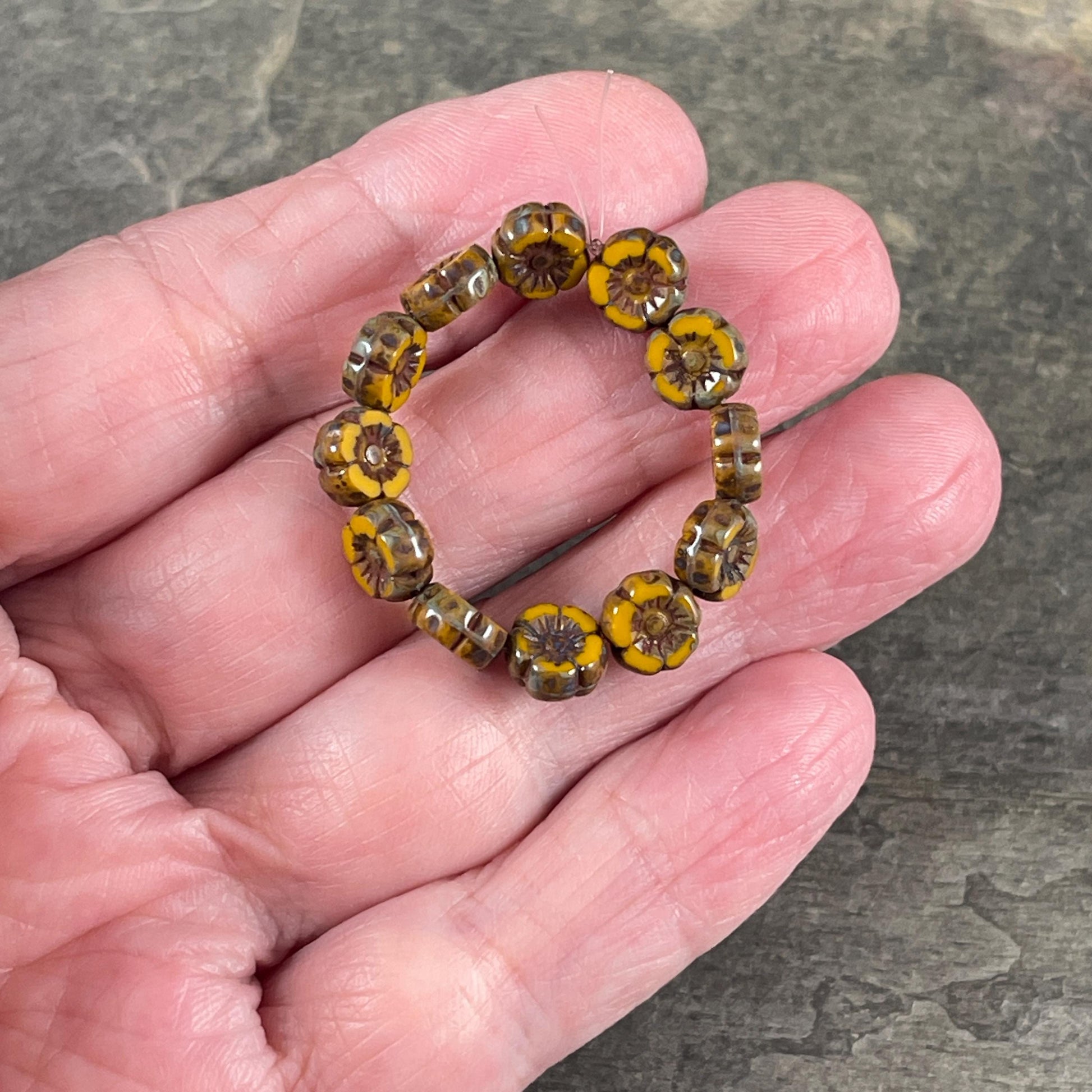 Czech Beads - 7mm Hibiscus Flower, Mustard Yellow with Travertine Picasso (FL7/RJ-1259) * Qty. 12