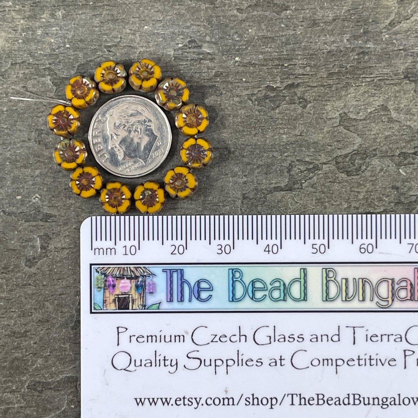 Czech Beads - 7mm Hibiscus Flower, Mustard Yellow with Travertine Picasso (FL7/RJ-1259) * Qty. 12