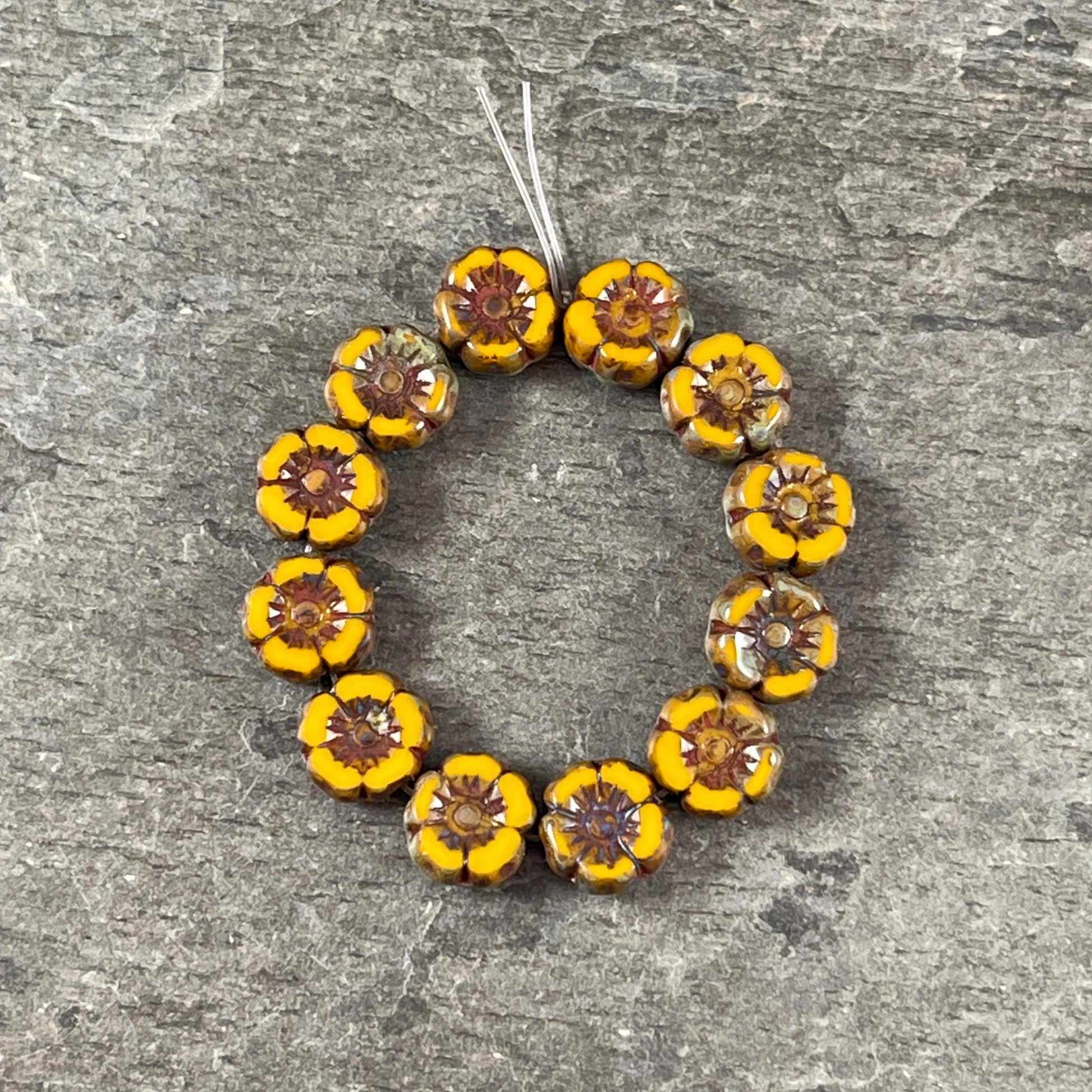 Czech Beads - 7mm Hibiscus Flower, Mustard Yellow with Travertine Picasso (FL7/RJ-1259) * Qty. 12