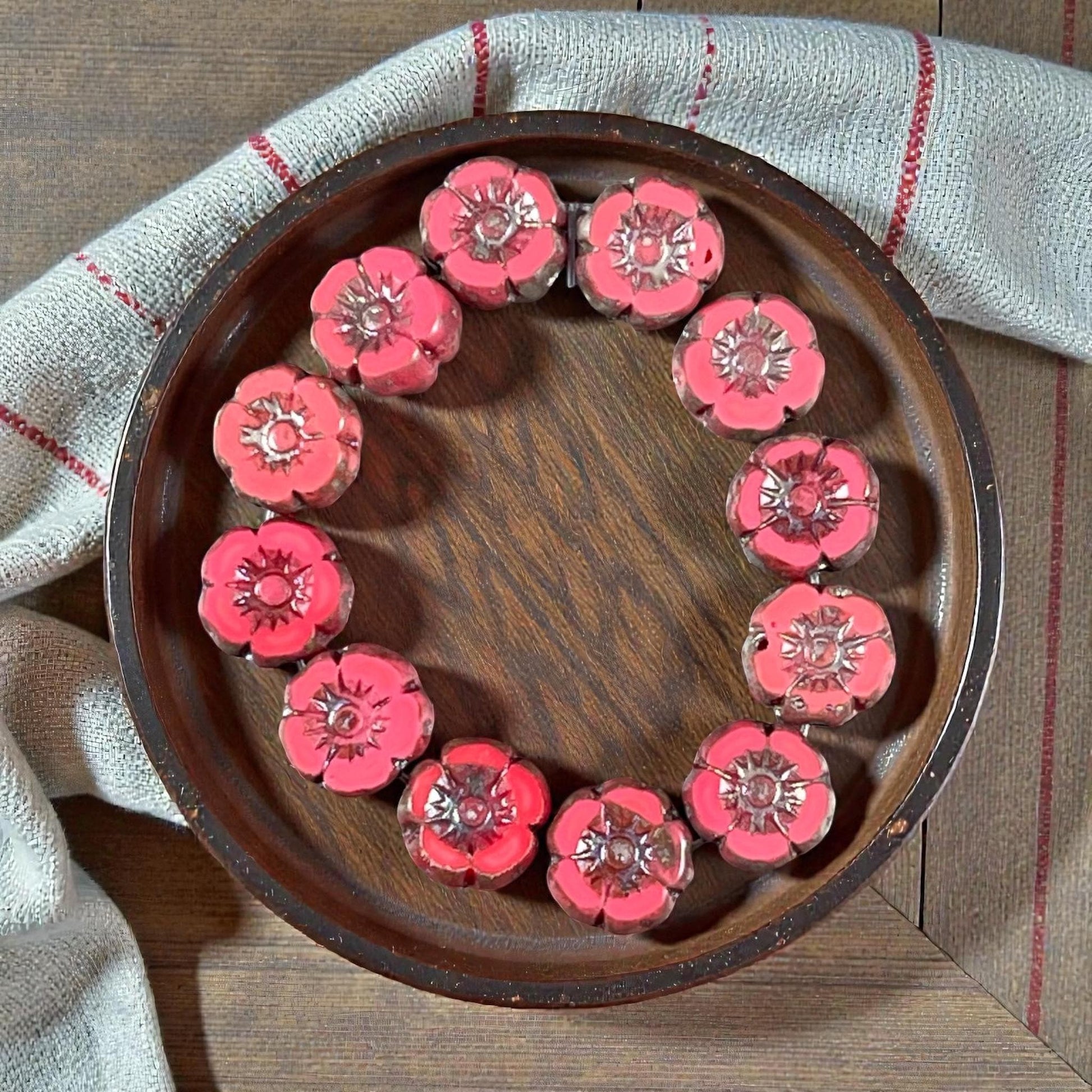 Czech Beads - 7mm Hibiscus Flower, Coral Red with Travertine Picasso (FL7/RJ-1262) * Qty. 12