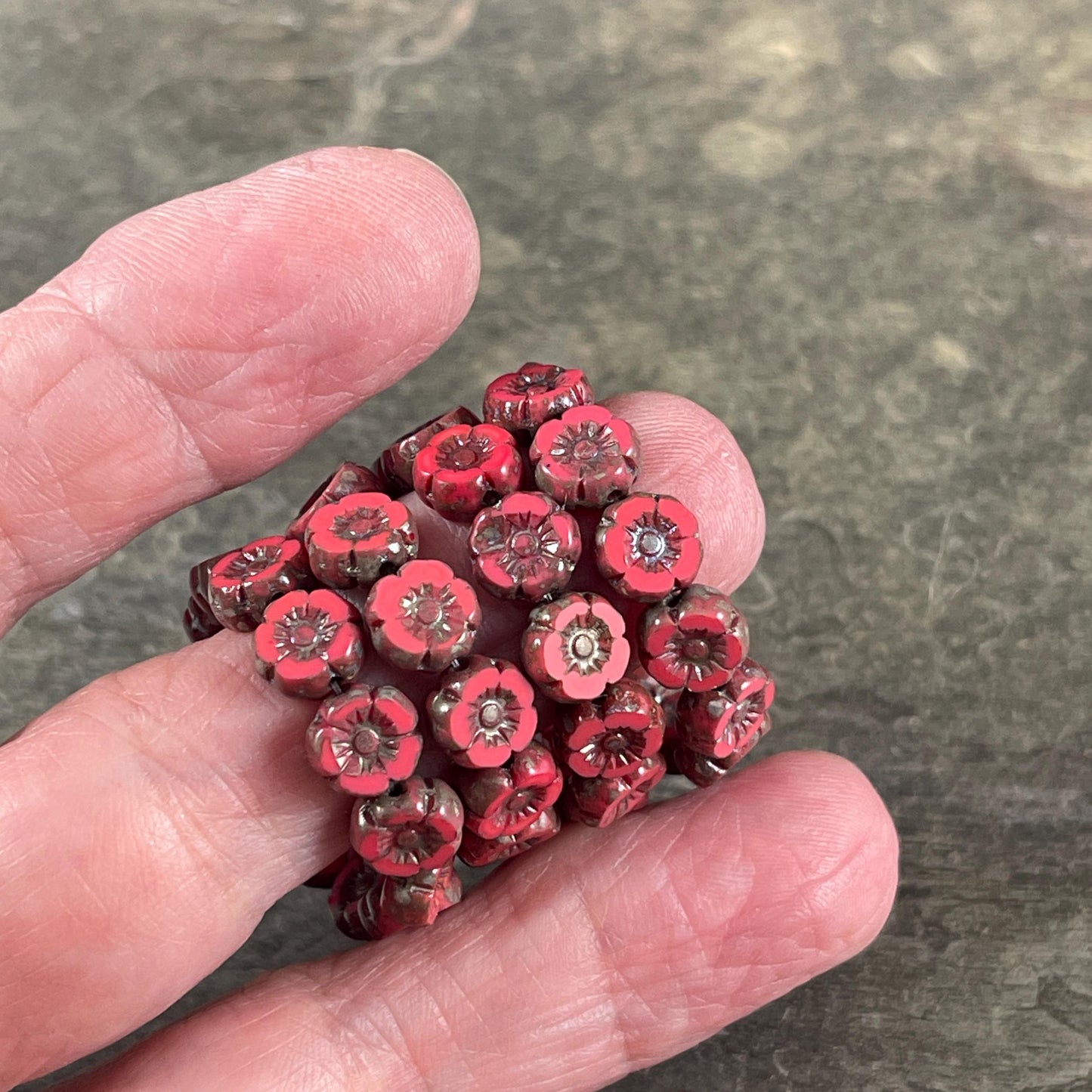 Czech Beads - 7mm Hibiscus Flower, Coral Red with Travertine Picasso (FL7/RJ-1262) * Qty. 12